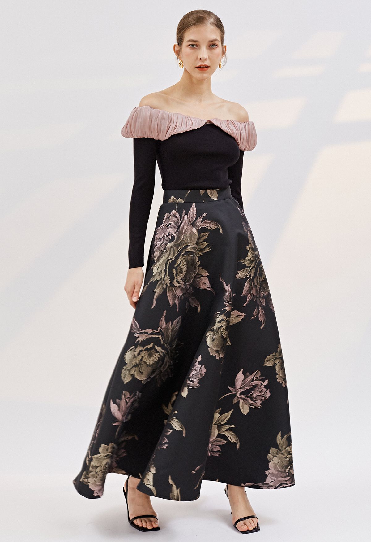 Glittery Peony Jacquard Maxi Skirt in Black - Retro, Indie and Unique ...