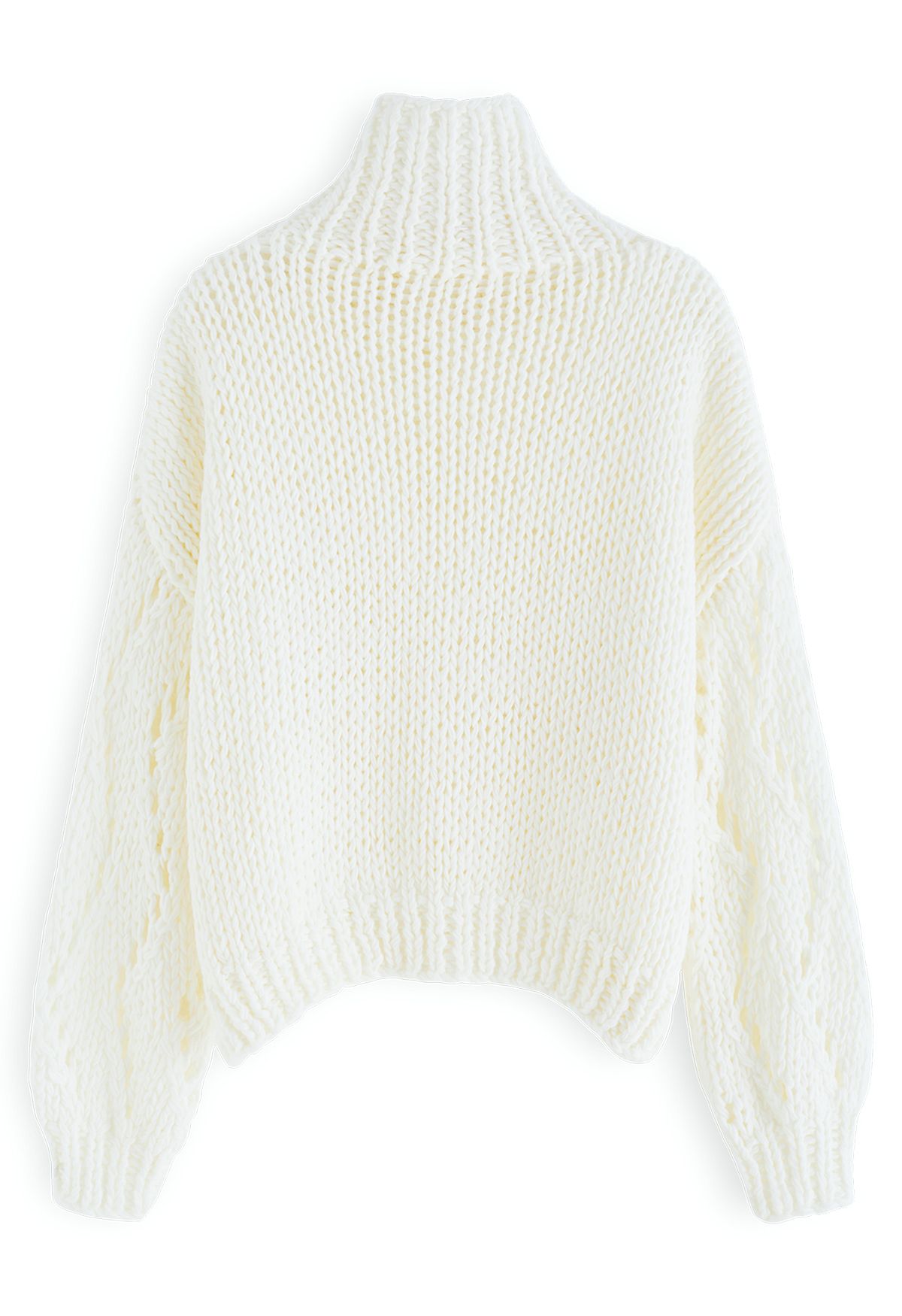 Pointelle Sleeve High Neck Hand-Knit Sweater in White