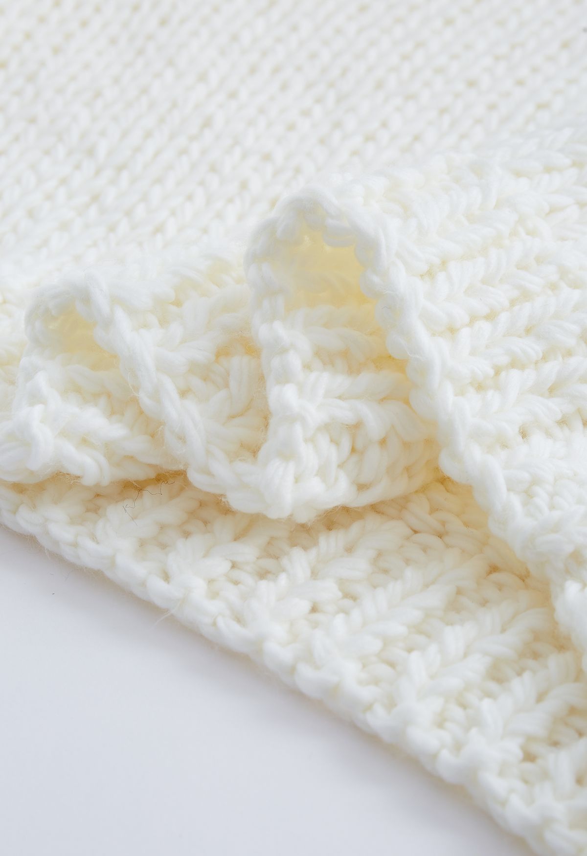 Pointelle Sleeve High Neck Hand-Knit Sweater in White