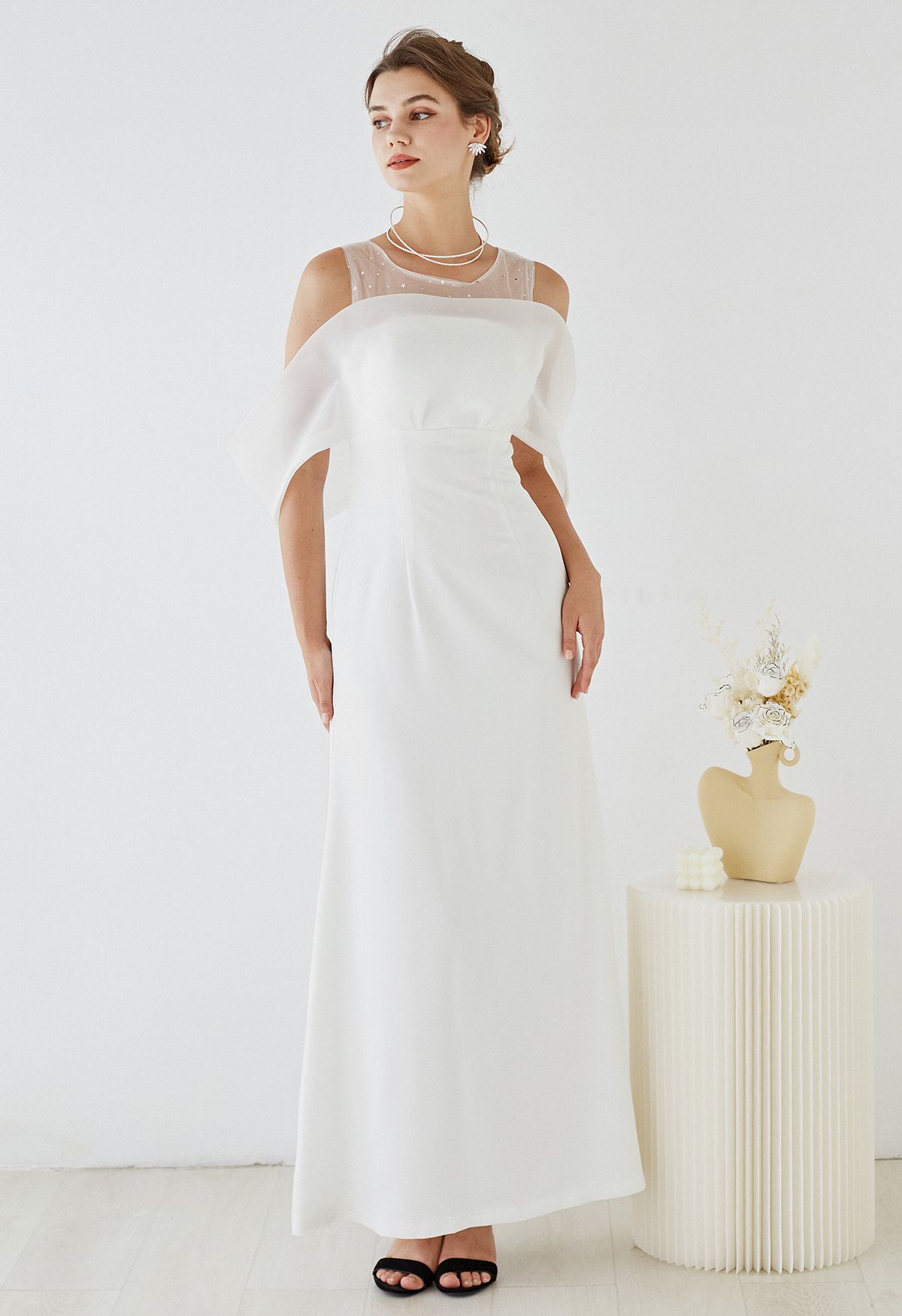 Spliced Organza Cold-Shoulder Gown in White