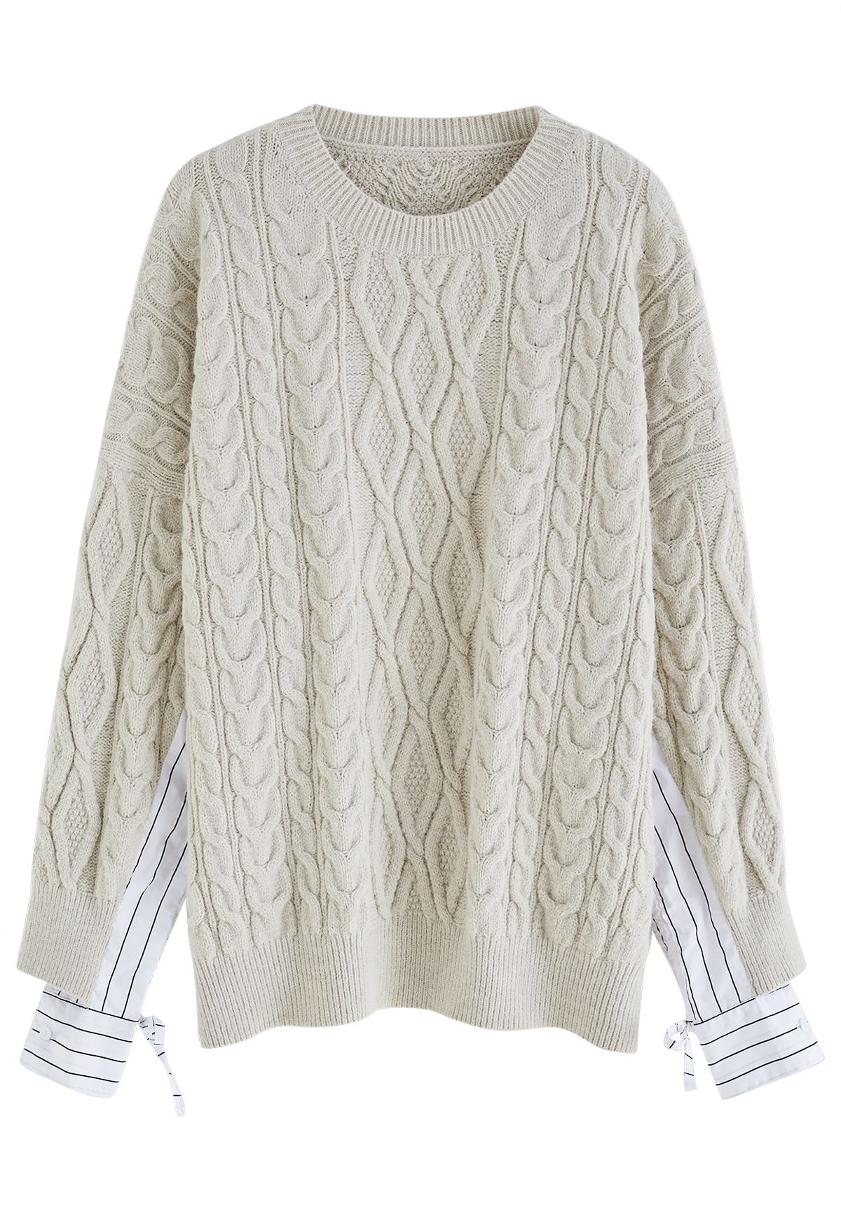 Splicing Cuffs Braided Knit Sweater in Sand