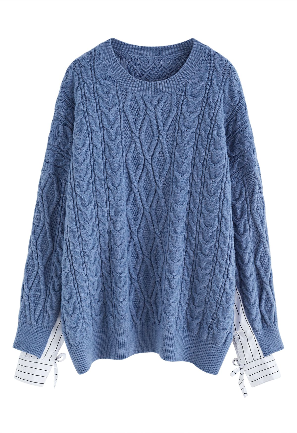 Splicing Cuffs Braided Knit Sweater in Blue