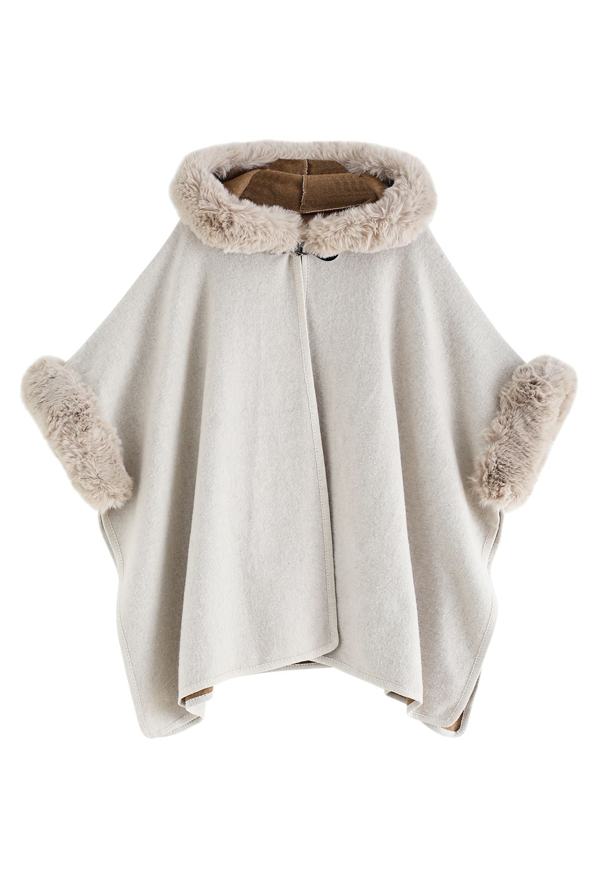 Cozy Faux Fur Hooded Poncho in Sand