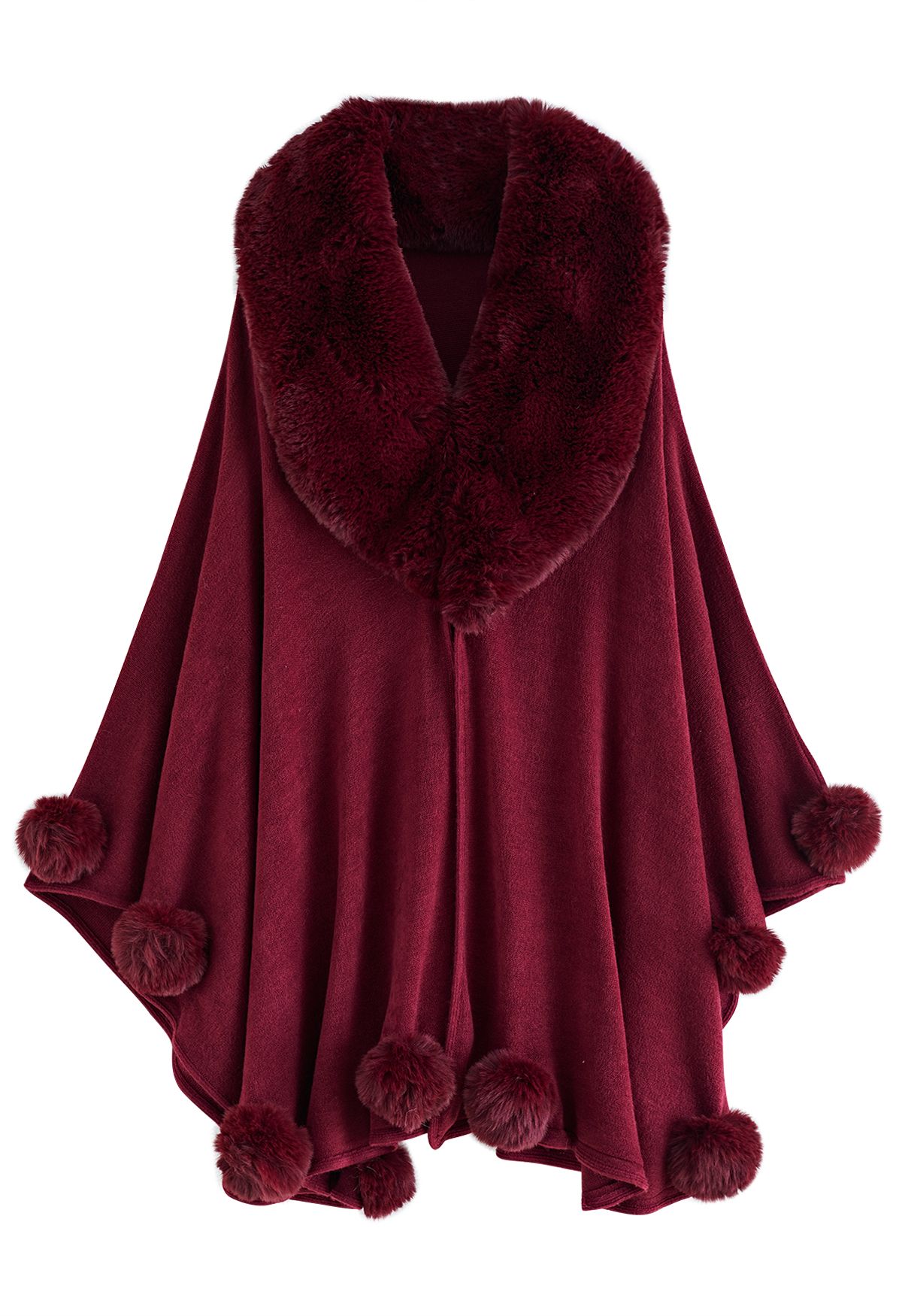 Faux Fur Collar Pom-Pom Trim Poncho in Burgundy