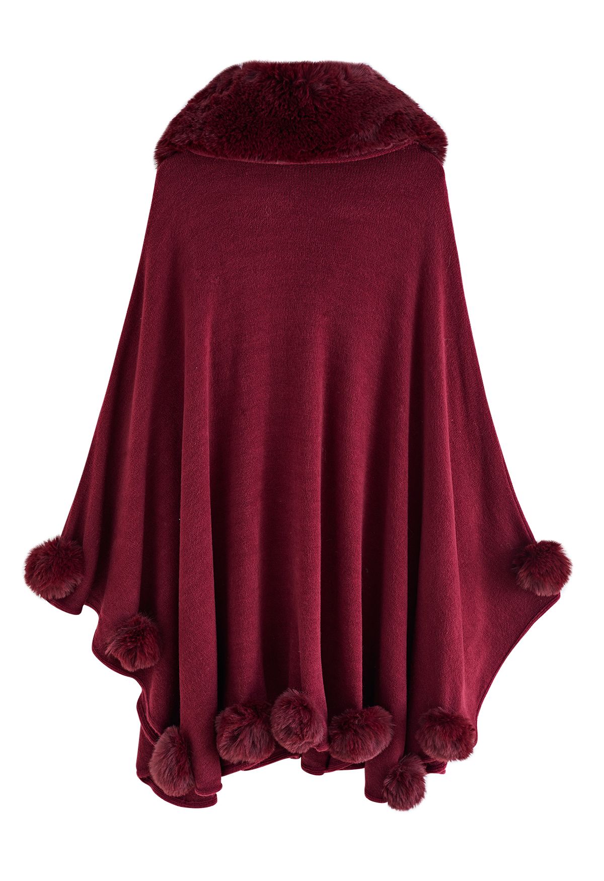 Faux Fur Collar Pom-Pom Trim Poncho in Burgundy