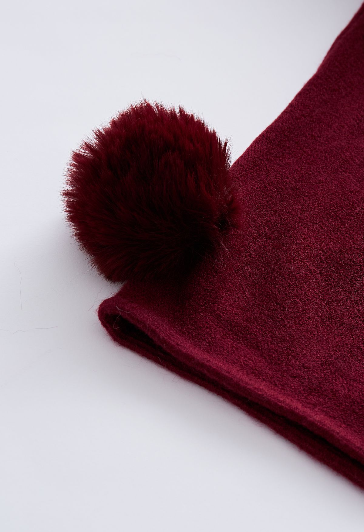 Faux Fur Collar Pom-Pom Trim Poncho in Burgundy