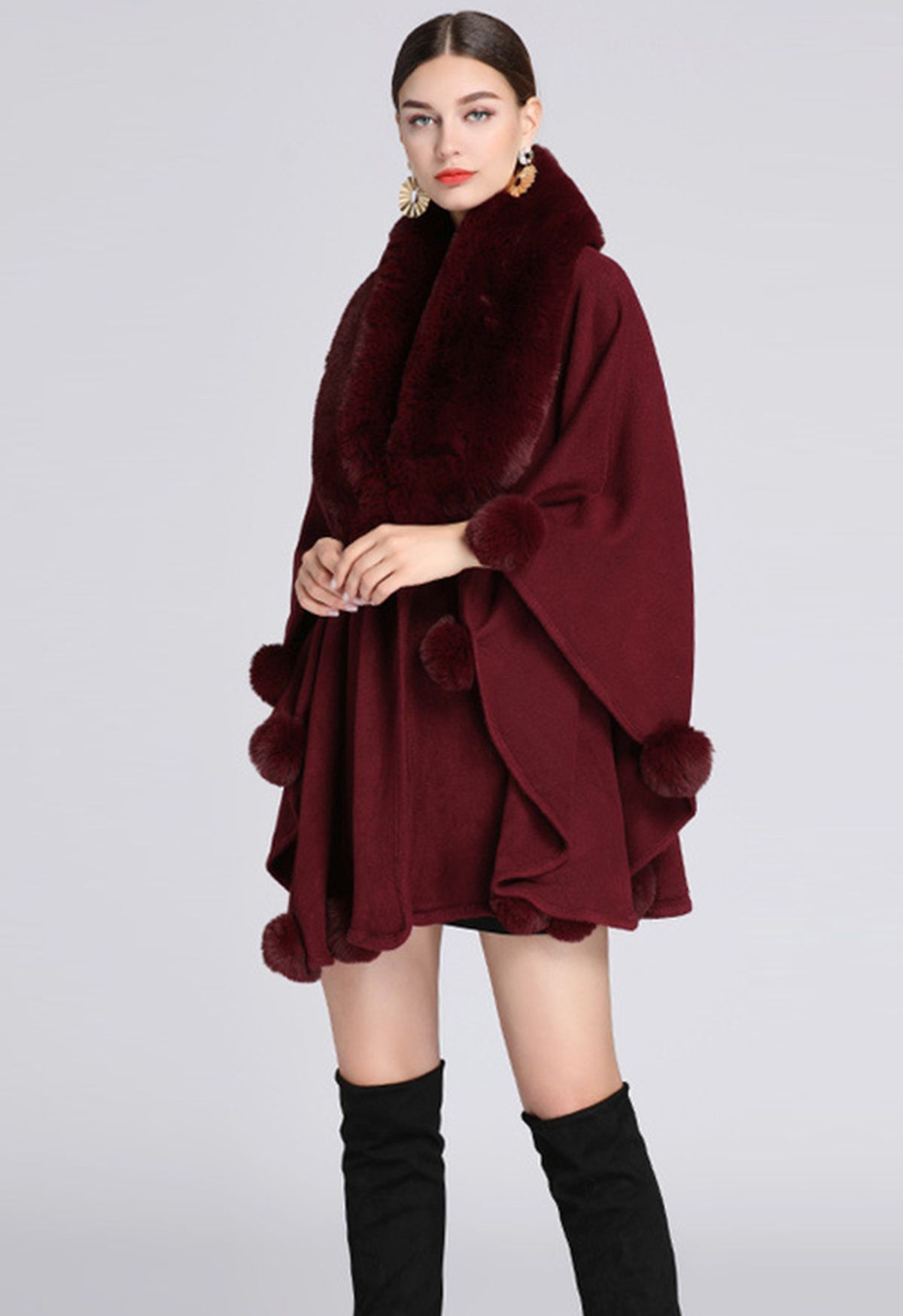 Faux Fur Collar Pom-Pom Trim Poncho in Burgundy