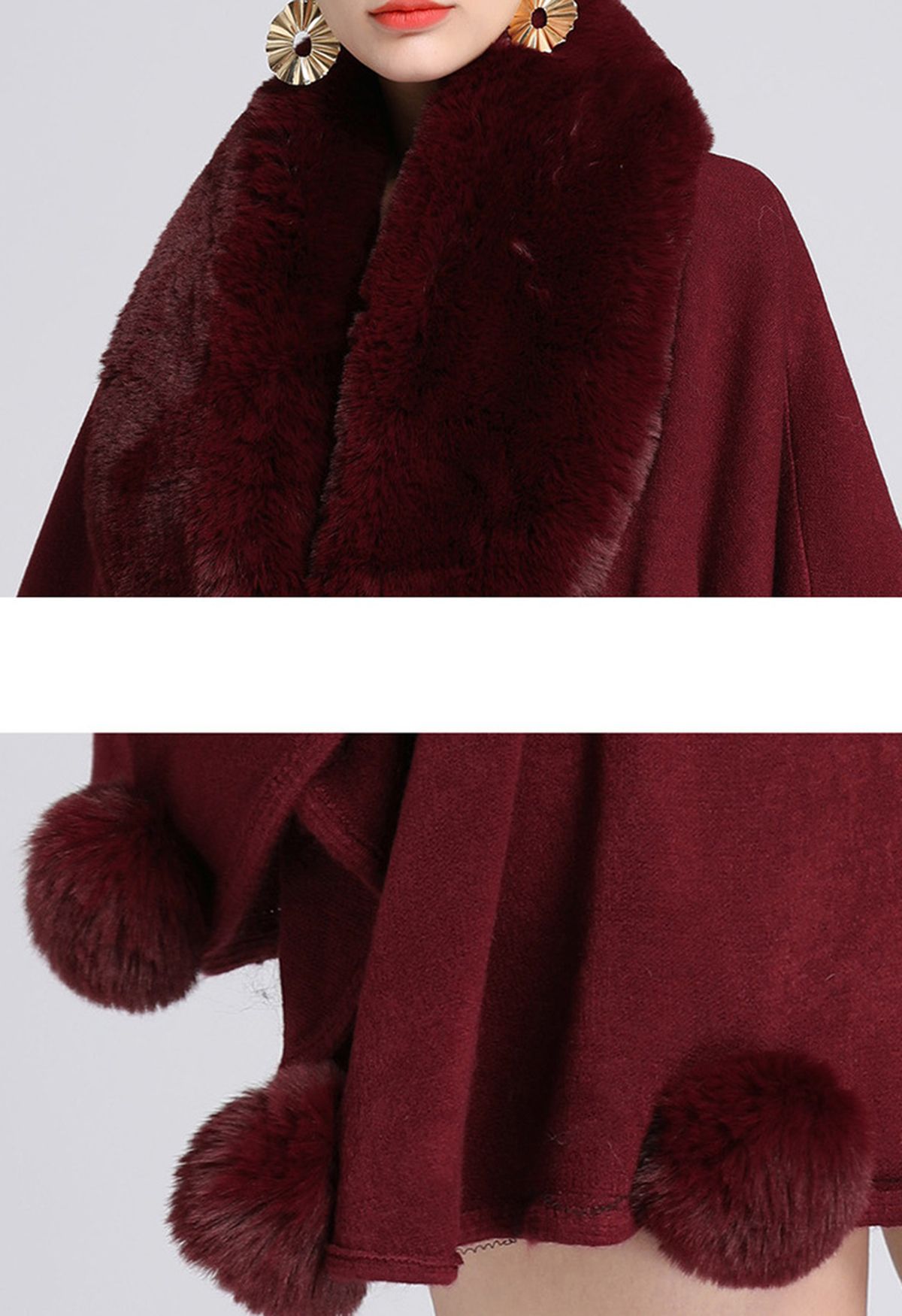 Faux Fur Collar Pom-Pom Trim Poncho in Burgundy