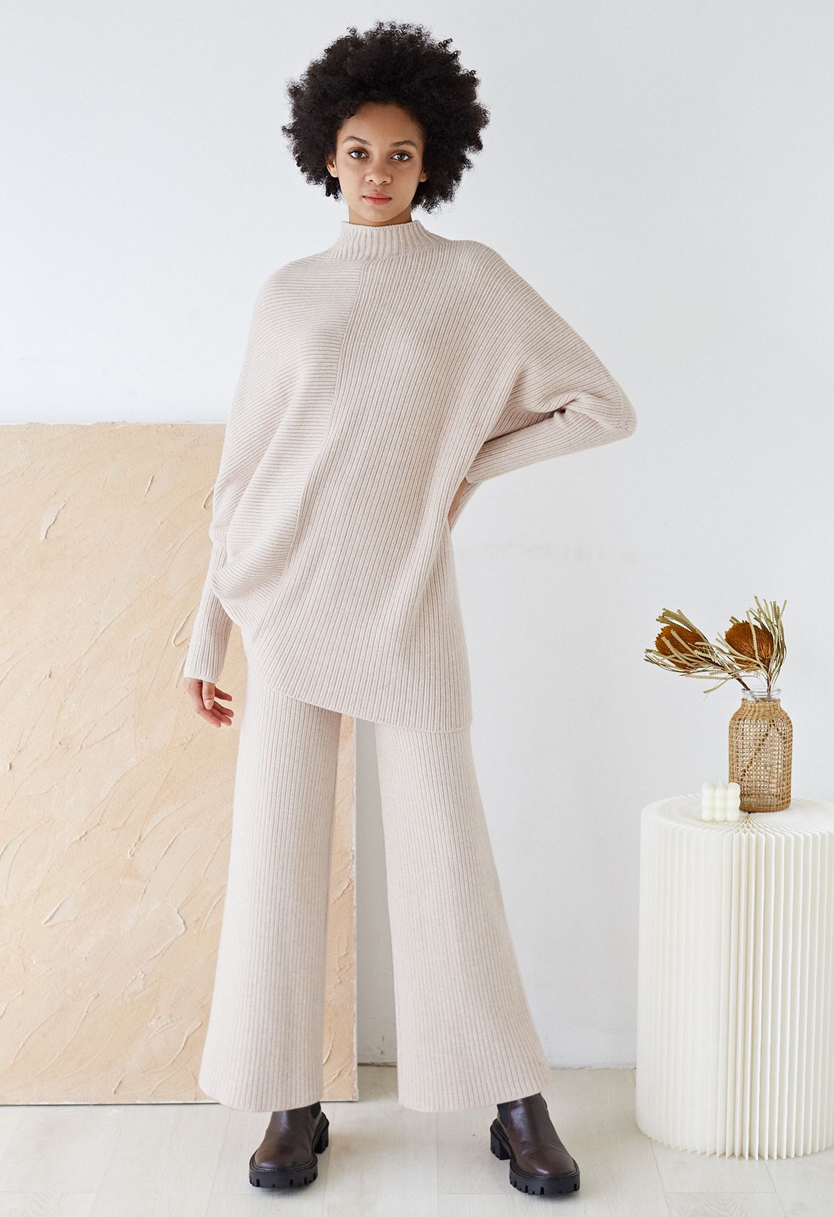 Asymmetric Batwing Sleeve Sweater and Pants Knit Set in Light Tan