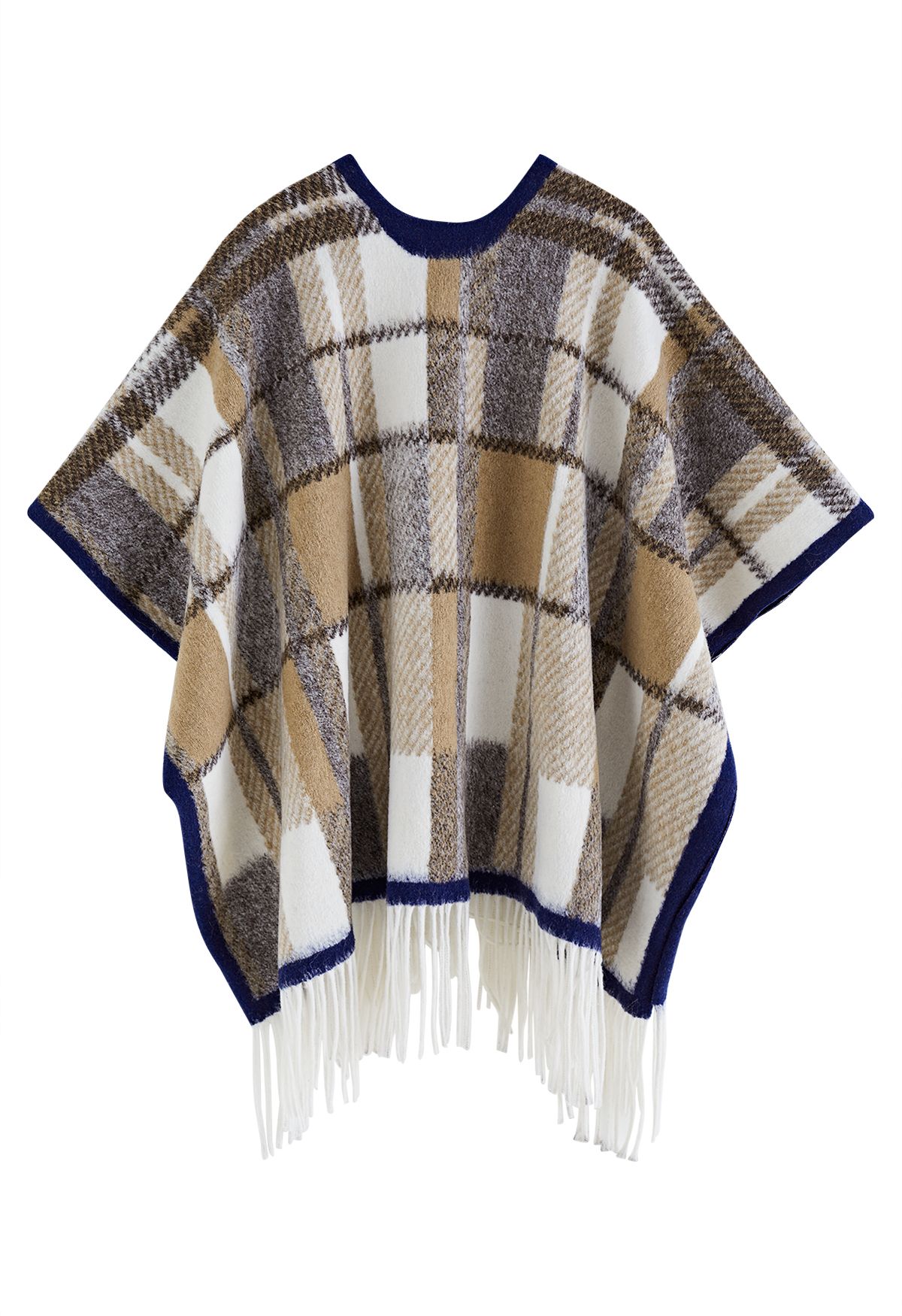 Plaid Jacquard Fringe Poncho in Tan