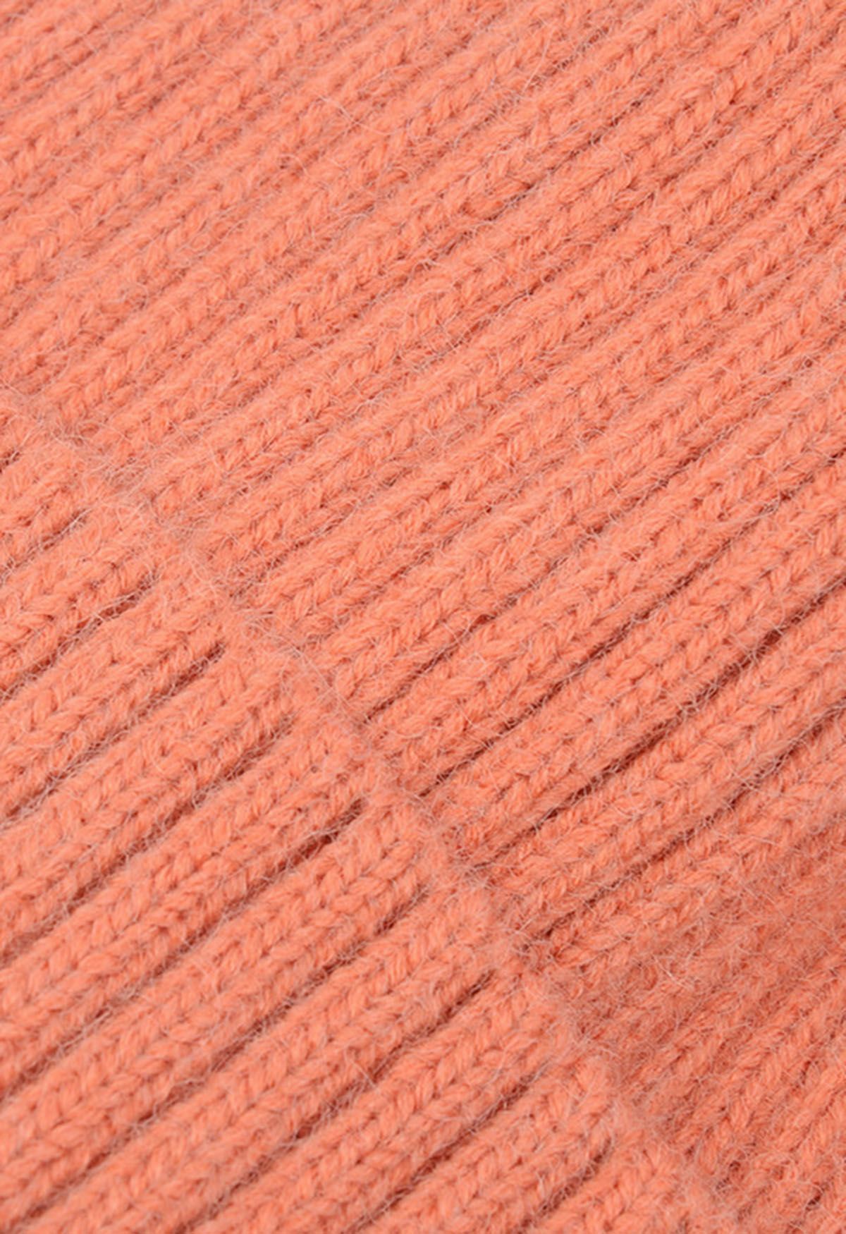 Pom-Pom Ribbed Knit Beanie Hat in Coral