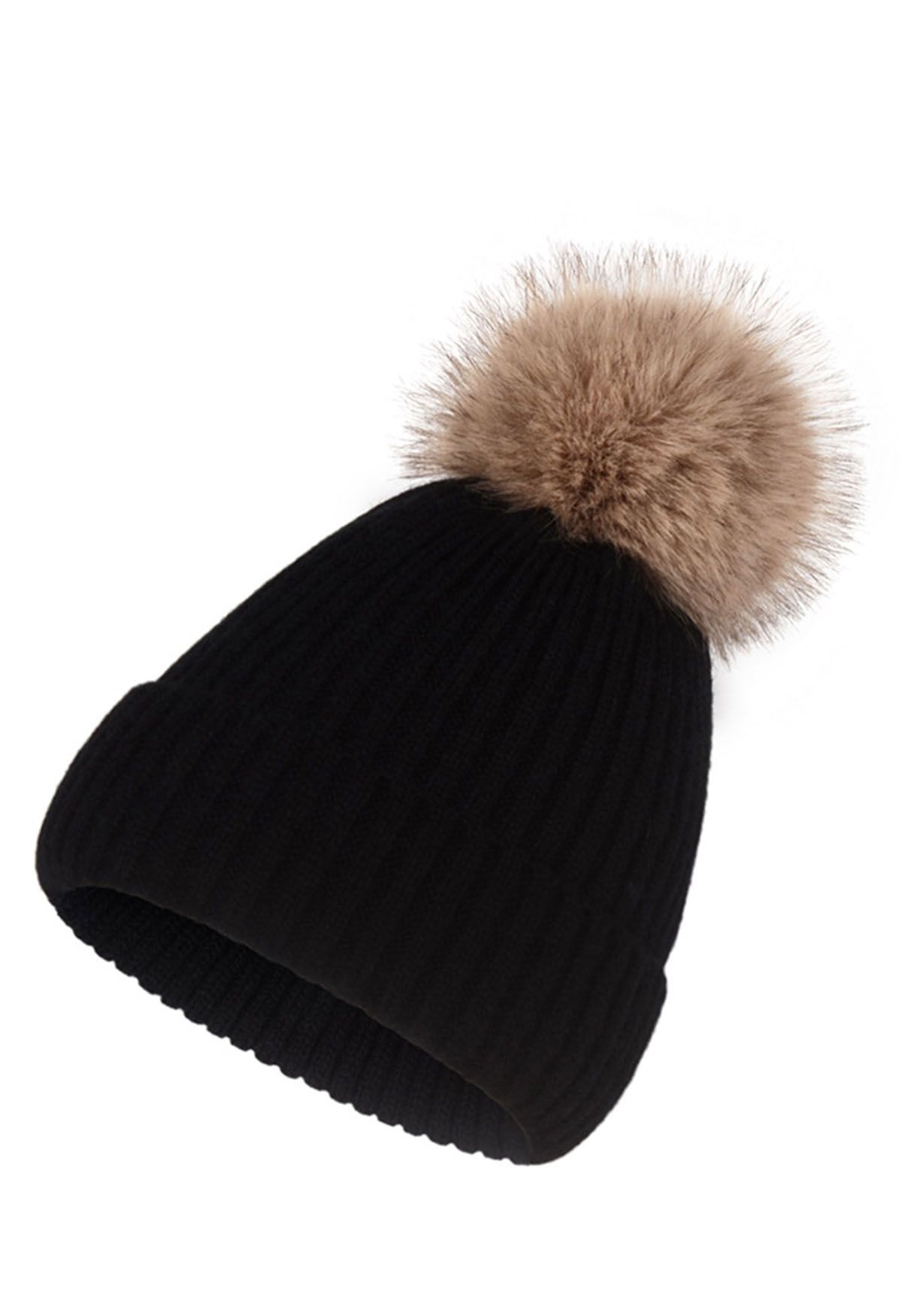 Pom-Pom Ribbed Knit Beanie Hat in Black