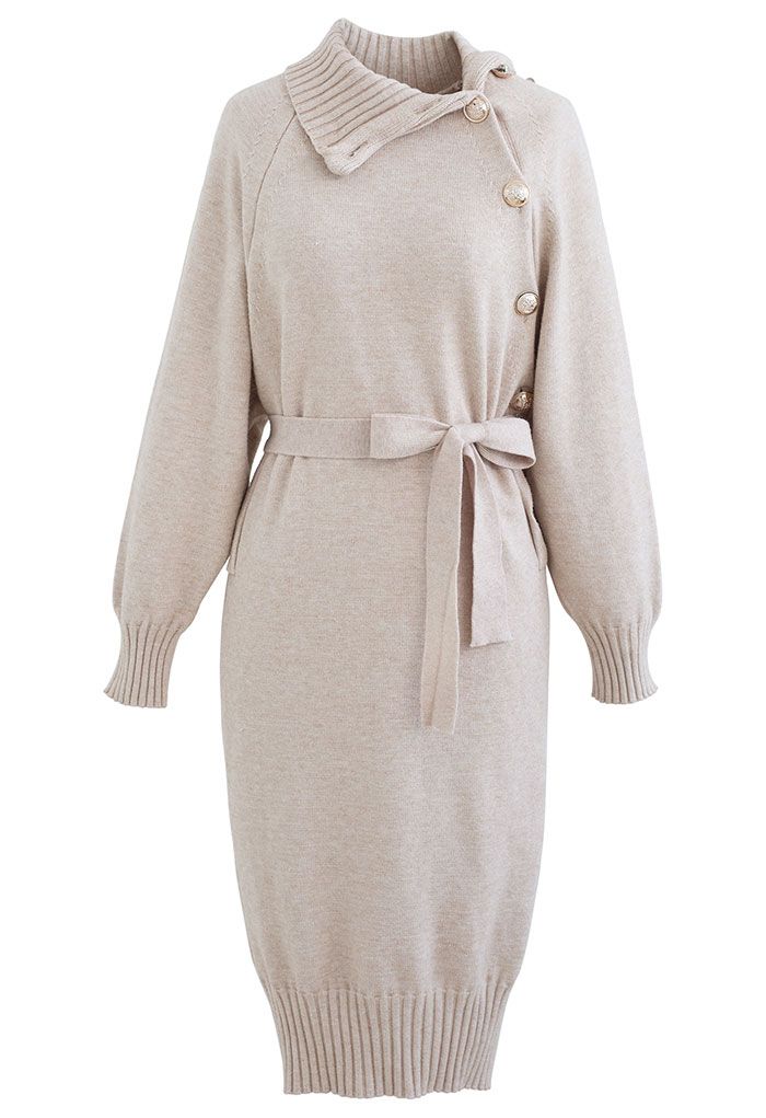 Buttoned Side Flap Collar Knit Midi Dress in Linen