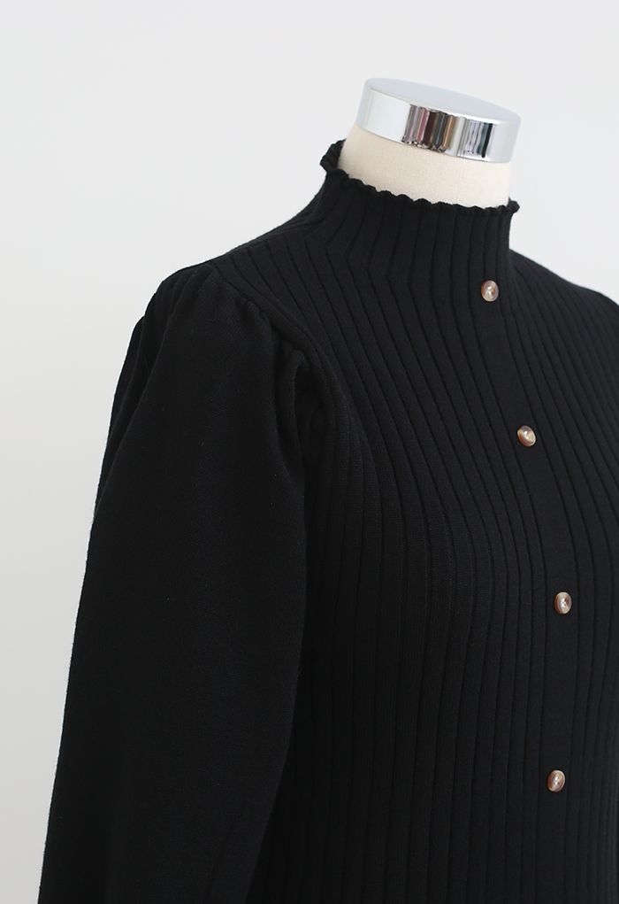 Mock Neck Button Trim Knit Dress in Black
