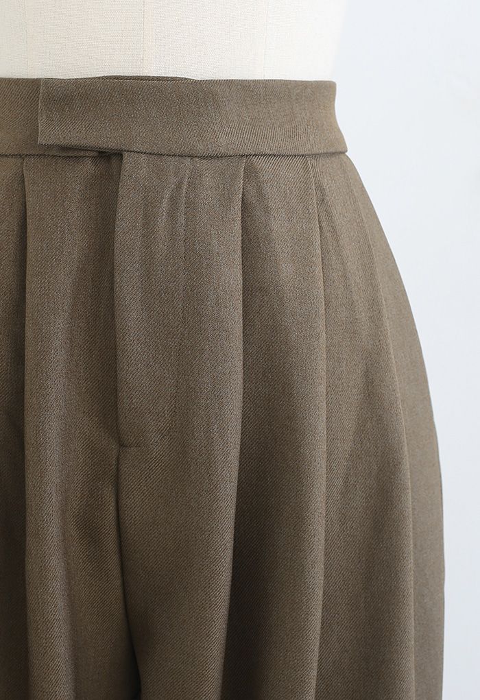 Wide Leg Wool-Blend Pleated Pants in Brown