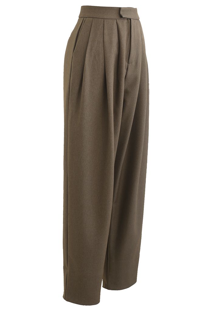 Wide Leg Wool-Blend Pleated Pants in Brown