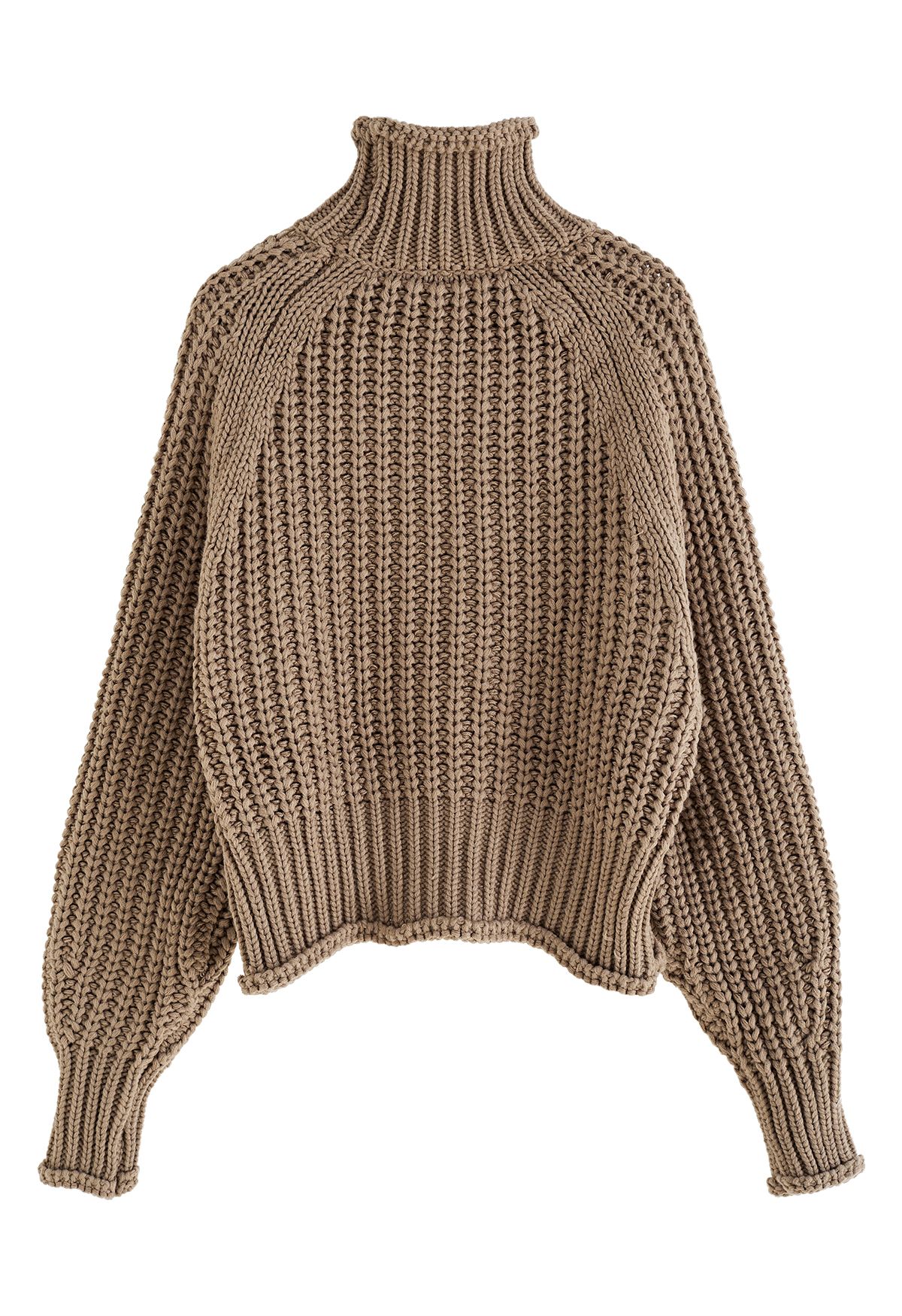 High Neck Chunky Knit Sweater in Brown