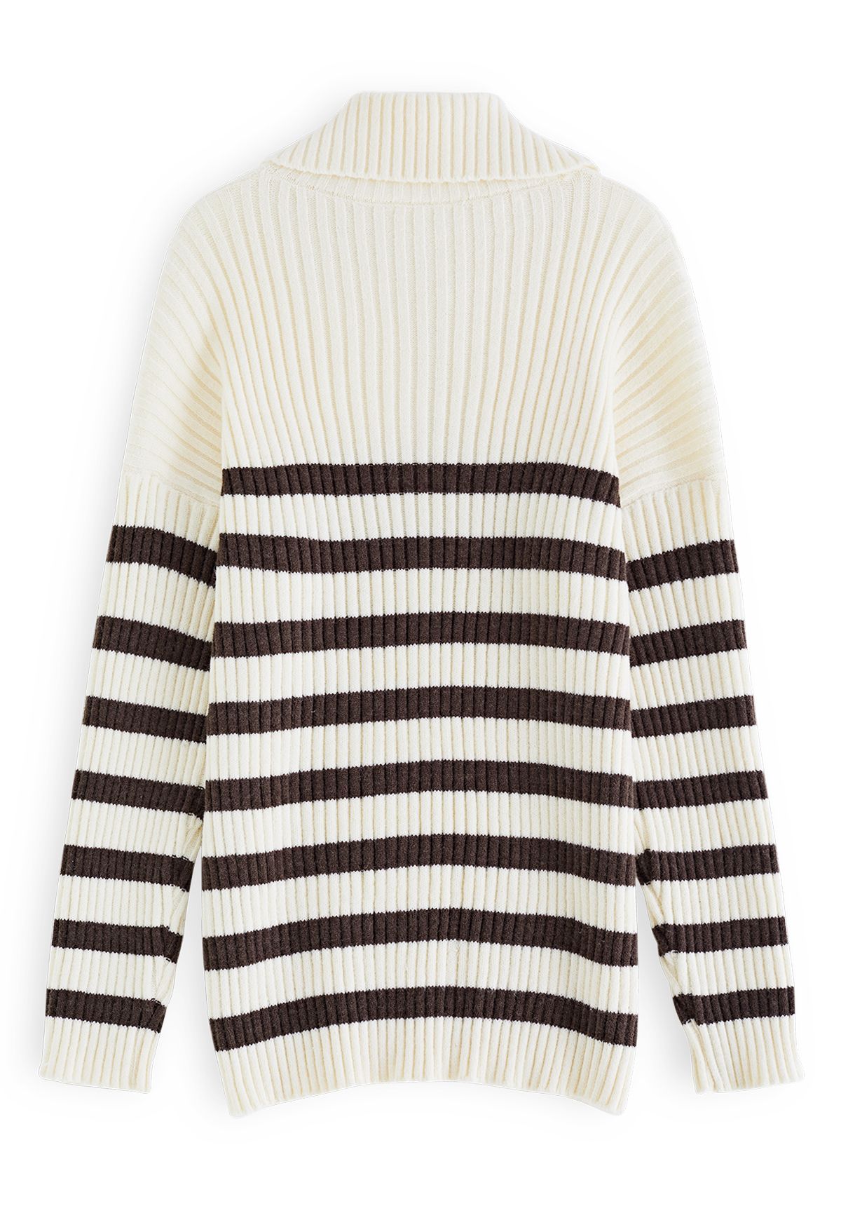Stripes Buttoned High Neck Knit Sweater in Cream