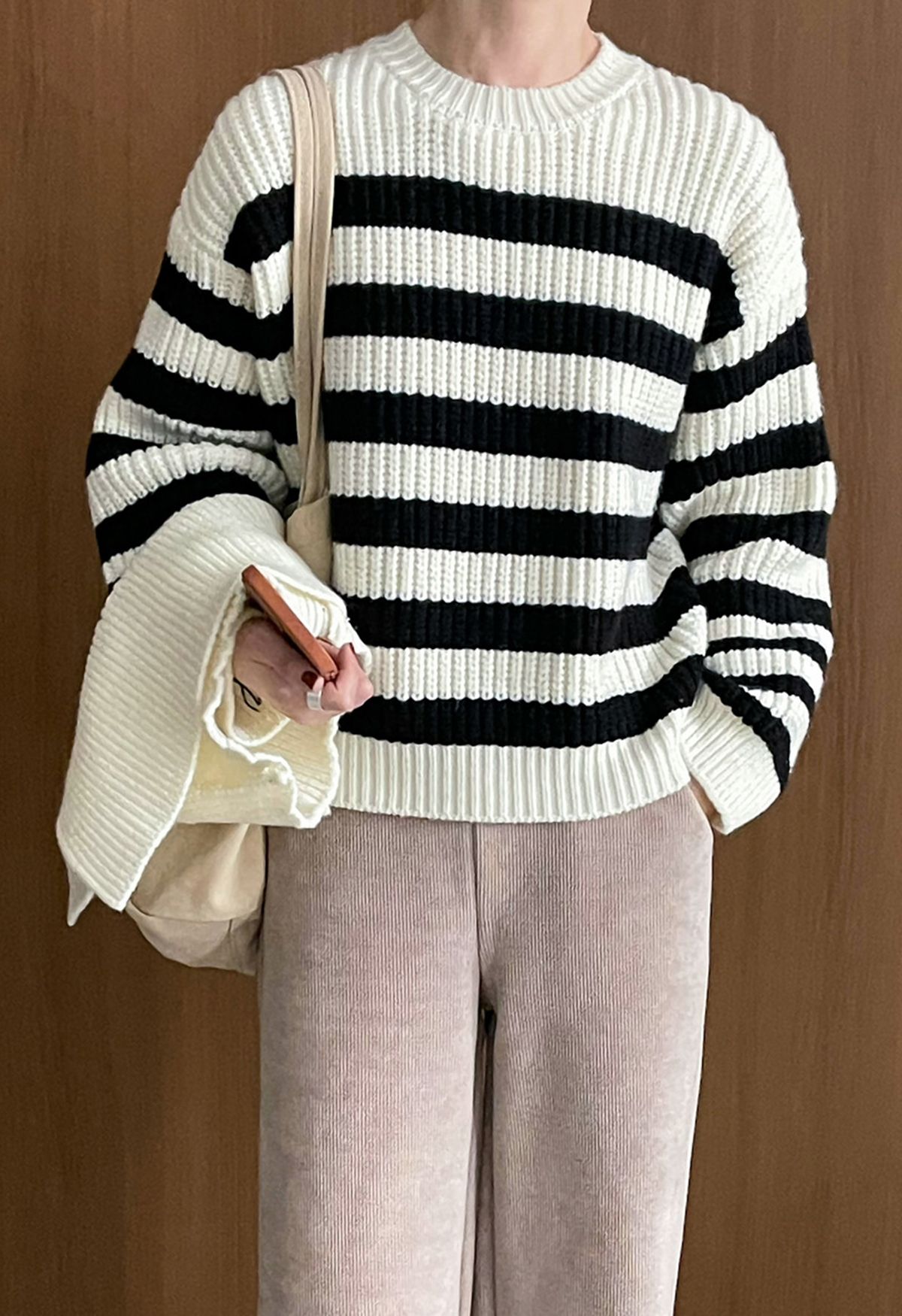 Detachable Scarf Striped Knit Sweater in Ivory