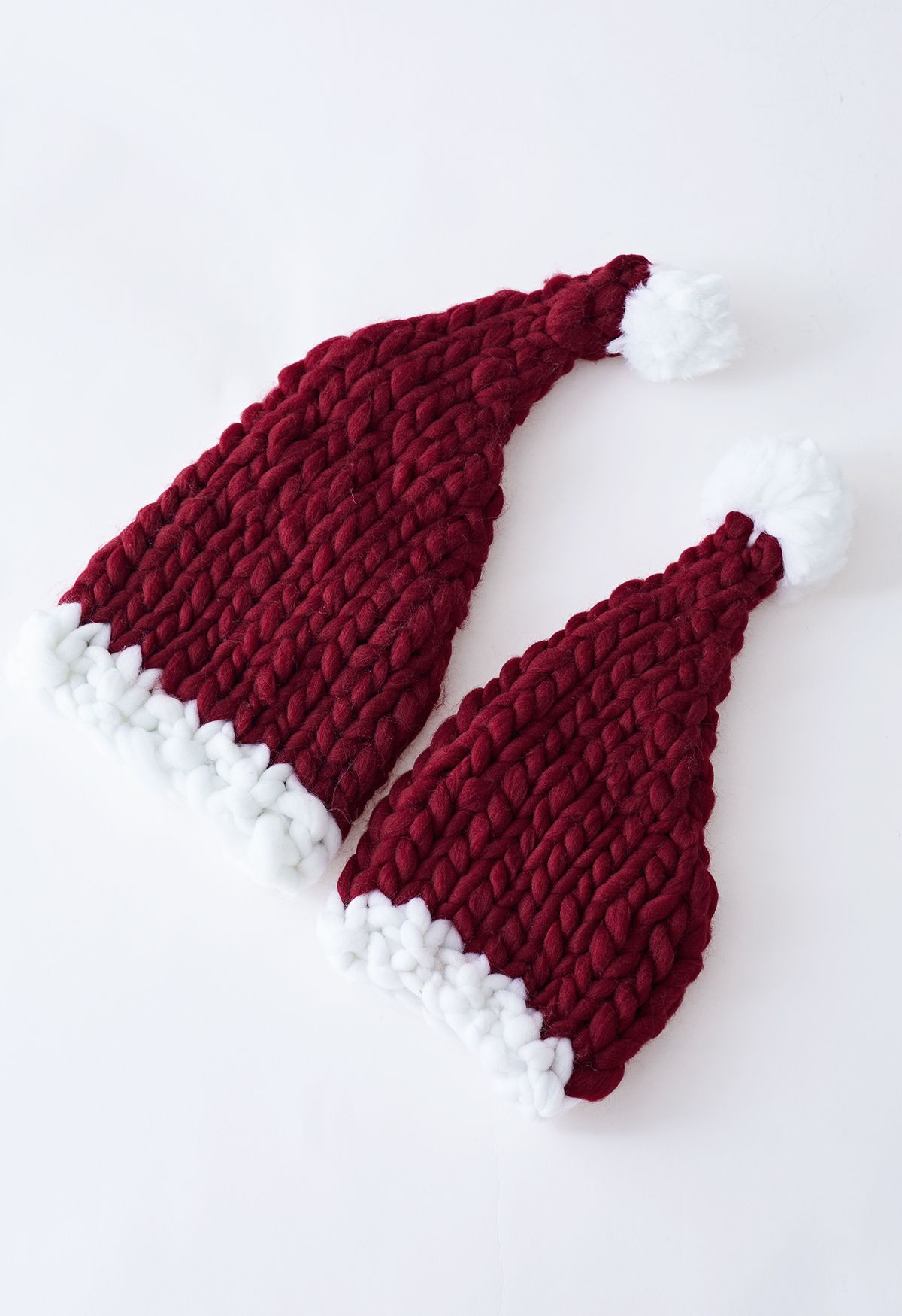 Braided Hand-Knit Pom-Pom Christmas Hat in Burgundy