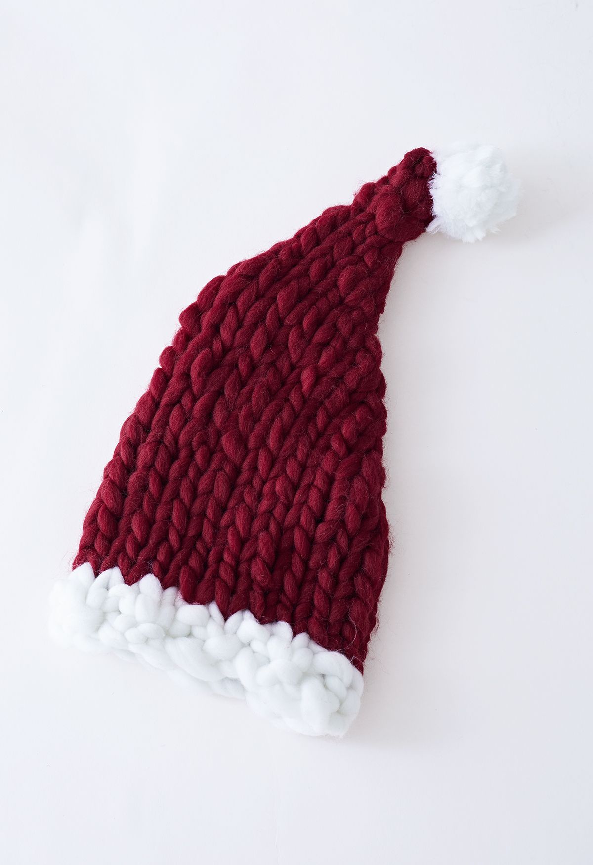 Braided Hand-Knit Pom-Pom Christmas Hat in Burgundy