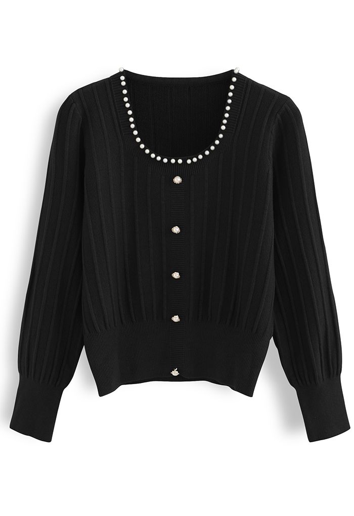 Pearly Neck Button Trim Knit Top in Black