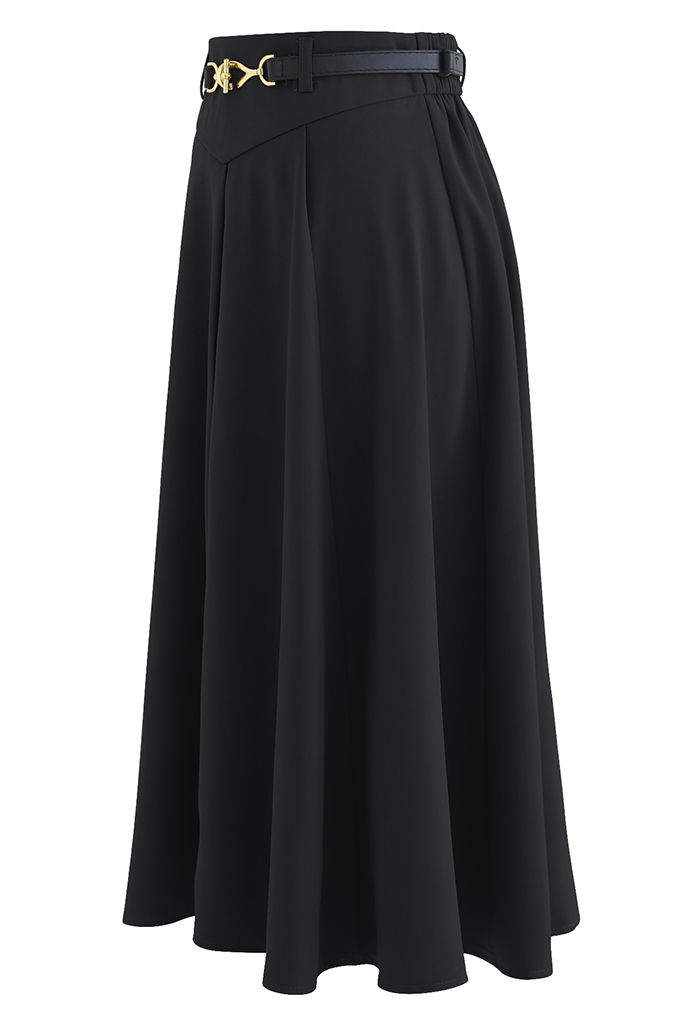 Metallic Buckle Belt A-Line Midi Skirt in Black
