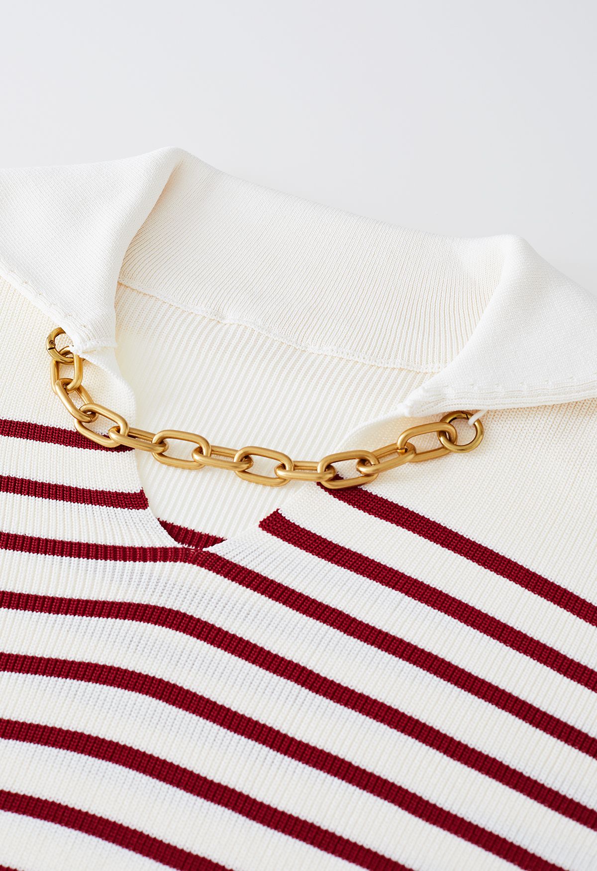 Gold Chain Flap Collar Striped Knit Top in Red