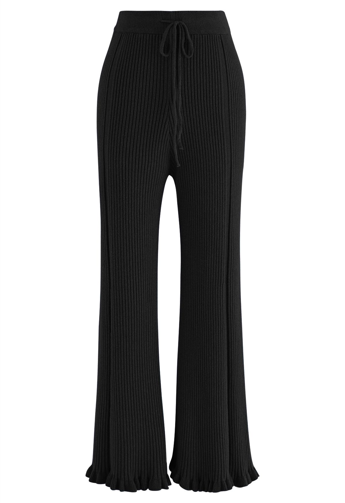 Ruffle Flare Hem Ribbed Knit Pants in Black