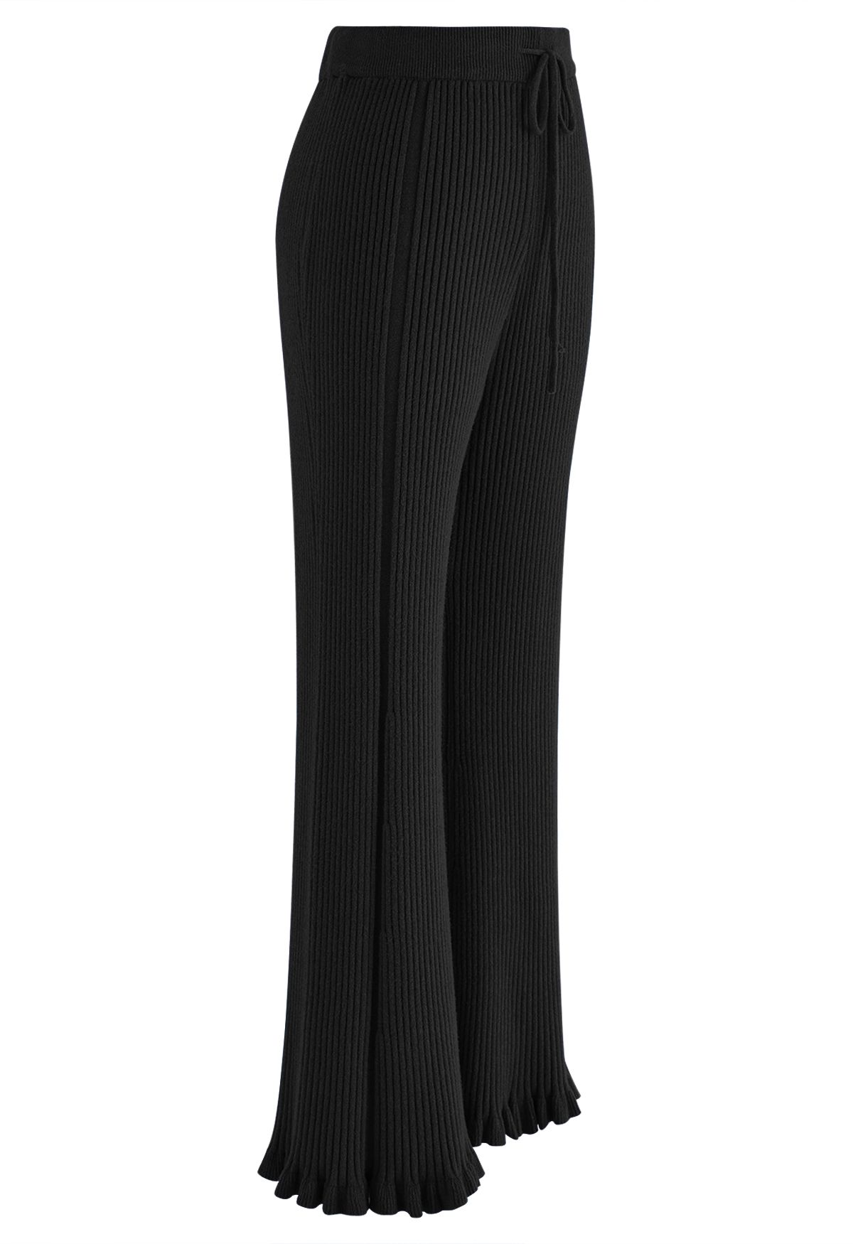 Ruffle Flare Hem Ribbed Knit Pants in Black