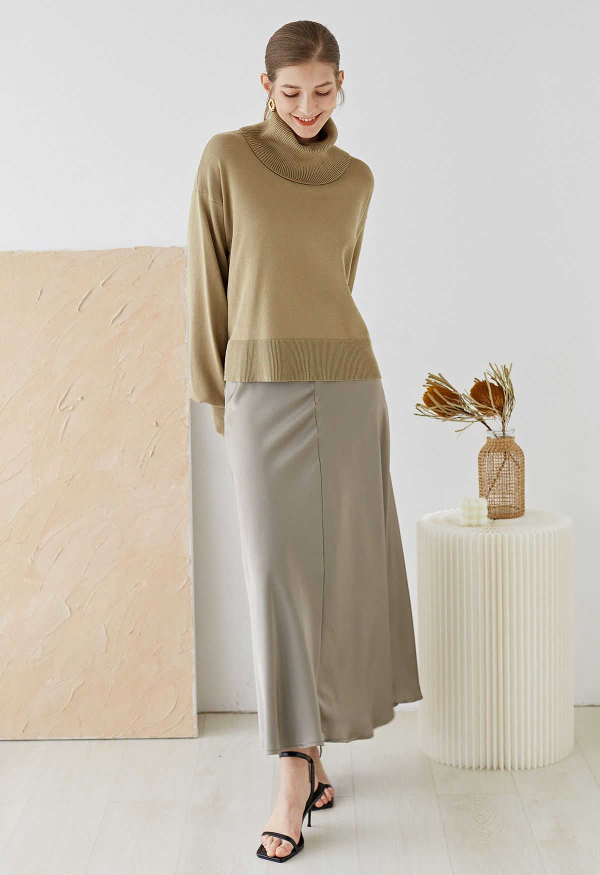 Turtleneck Side Buttons Slouchy Knit Top in Khaki