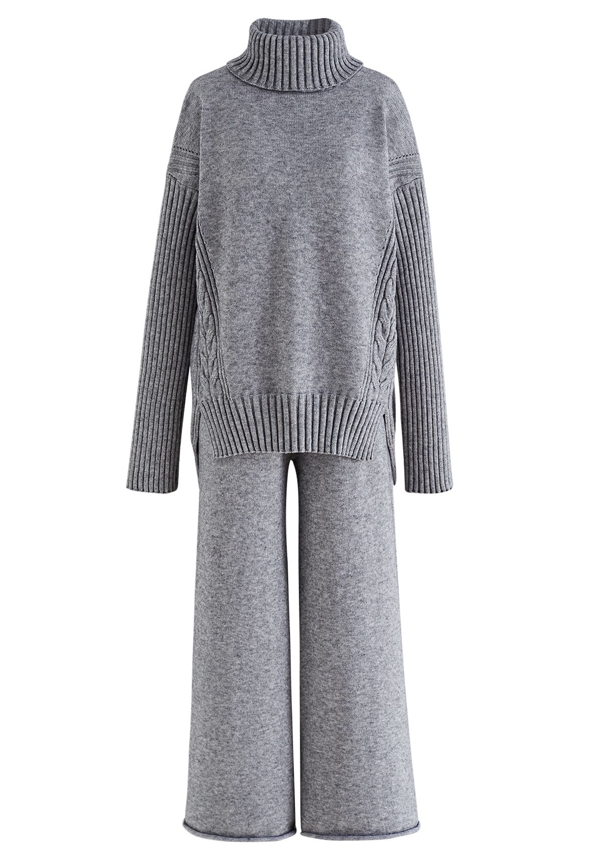 Turtleneck Hi-Lo Sweater and Knit Pants Set in Grey