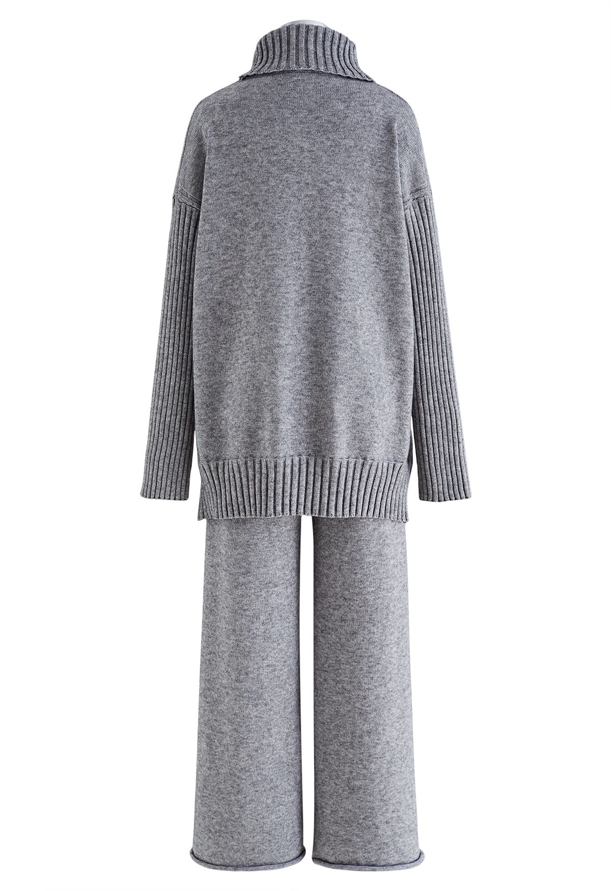 Turtleneck Hi-Lo Sweater and Knit Pants Set in Grey