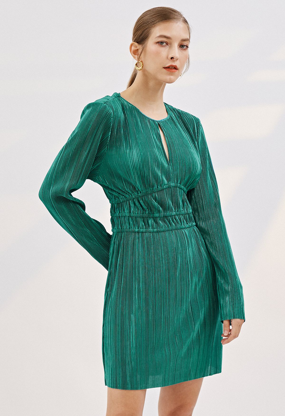 Cutout Raw-Cut Full Plisse Dress in Emerald