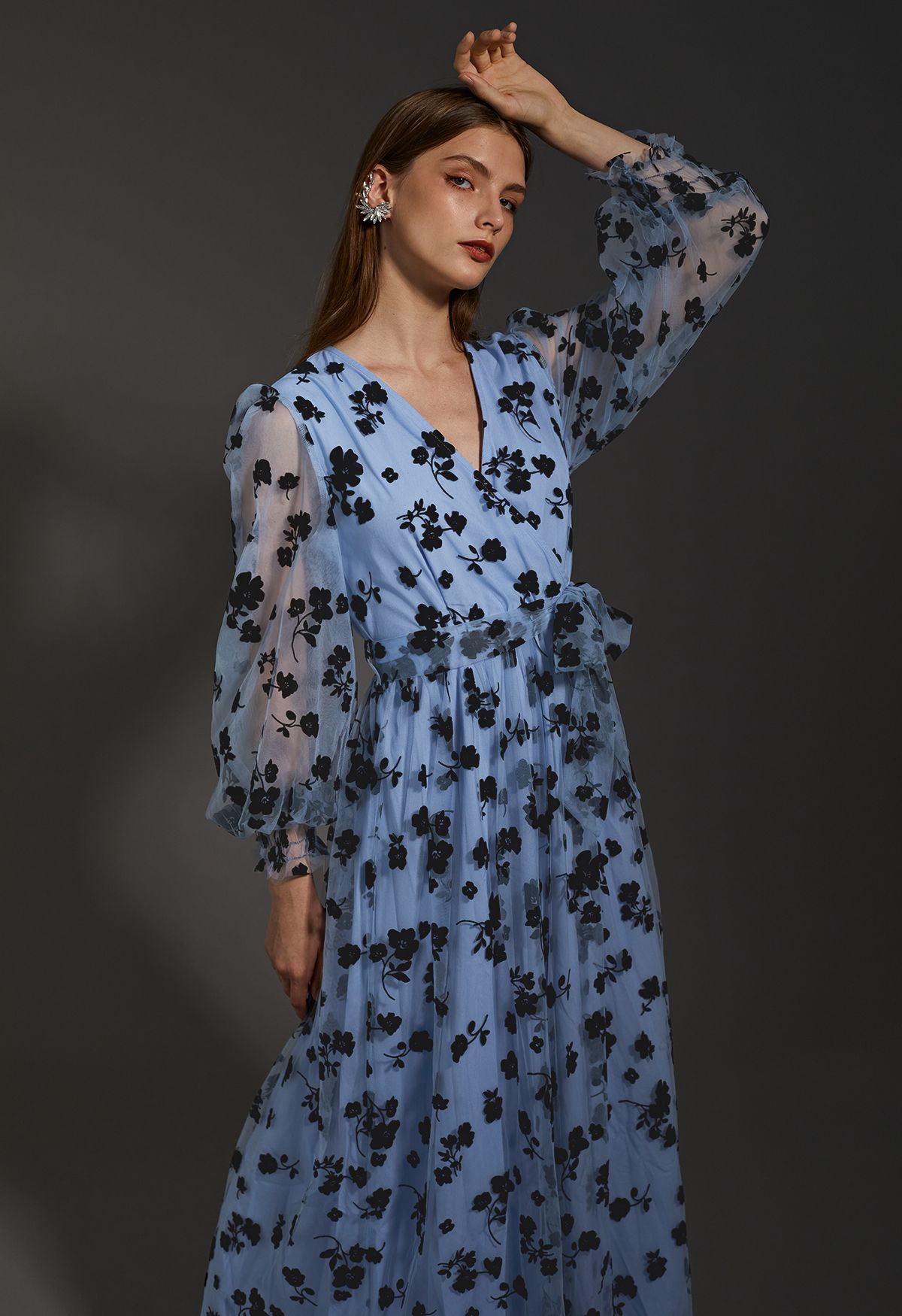 3D Posy Mesh Wrap Maxi Dress in Blue - Retro, Indie and Unique Fashion