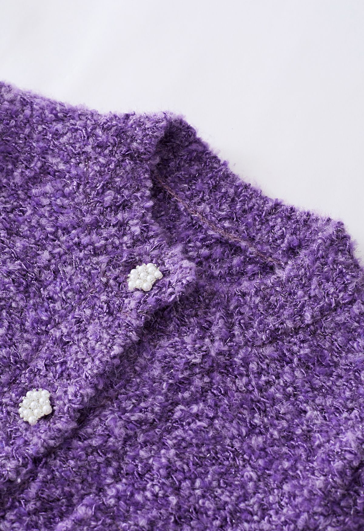 Pearly Button Shimmer Fuzzy Crop Cardigan in Purple