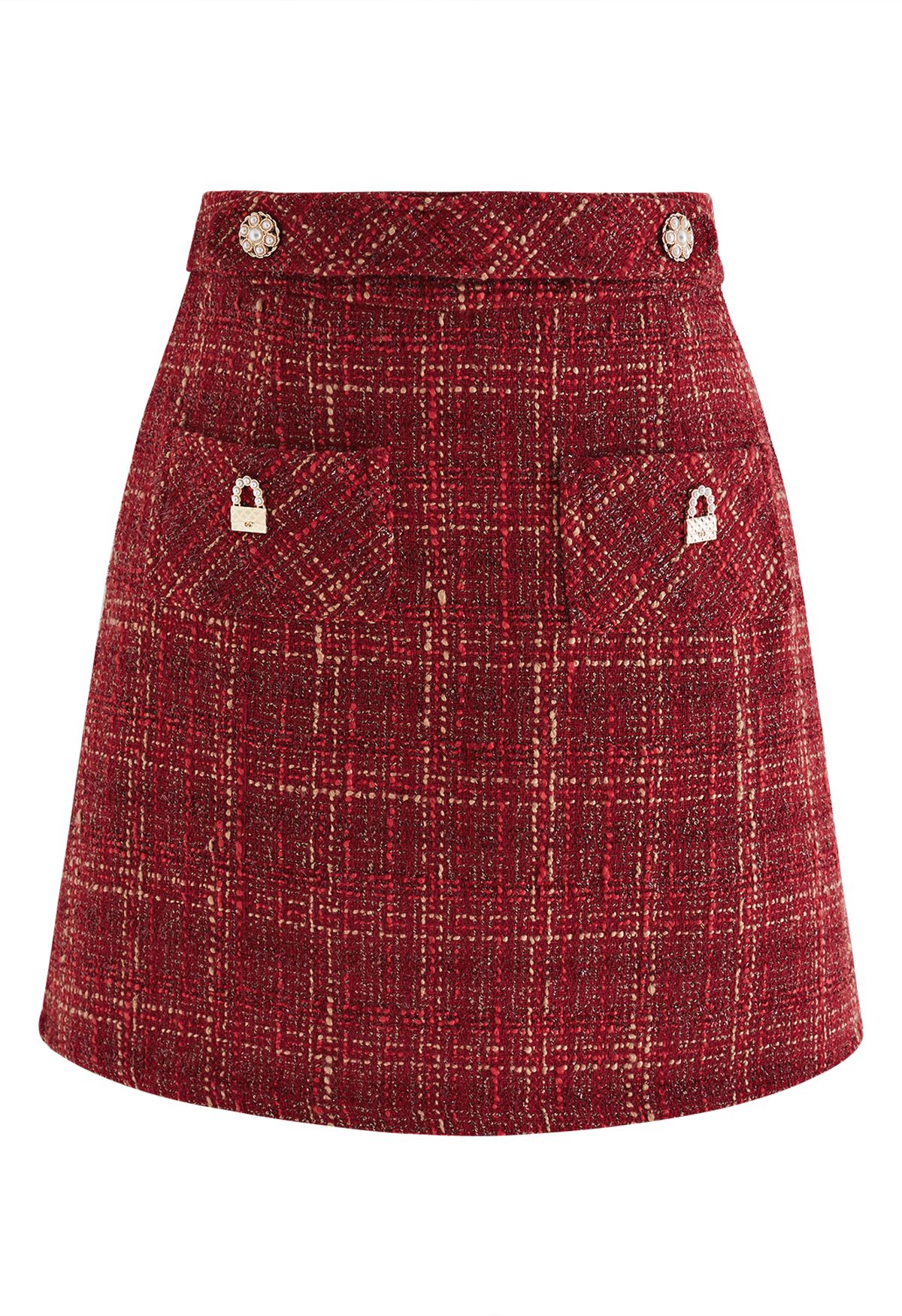 Metallic Thread Plaid Tweed Mini Skirt in Red