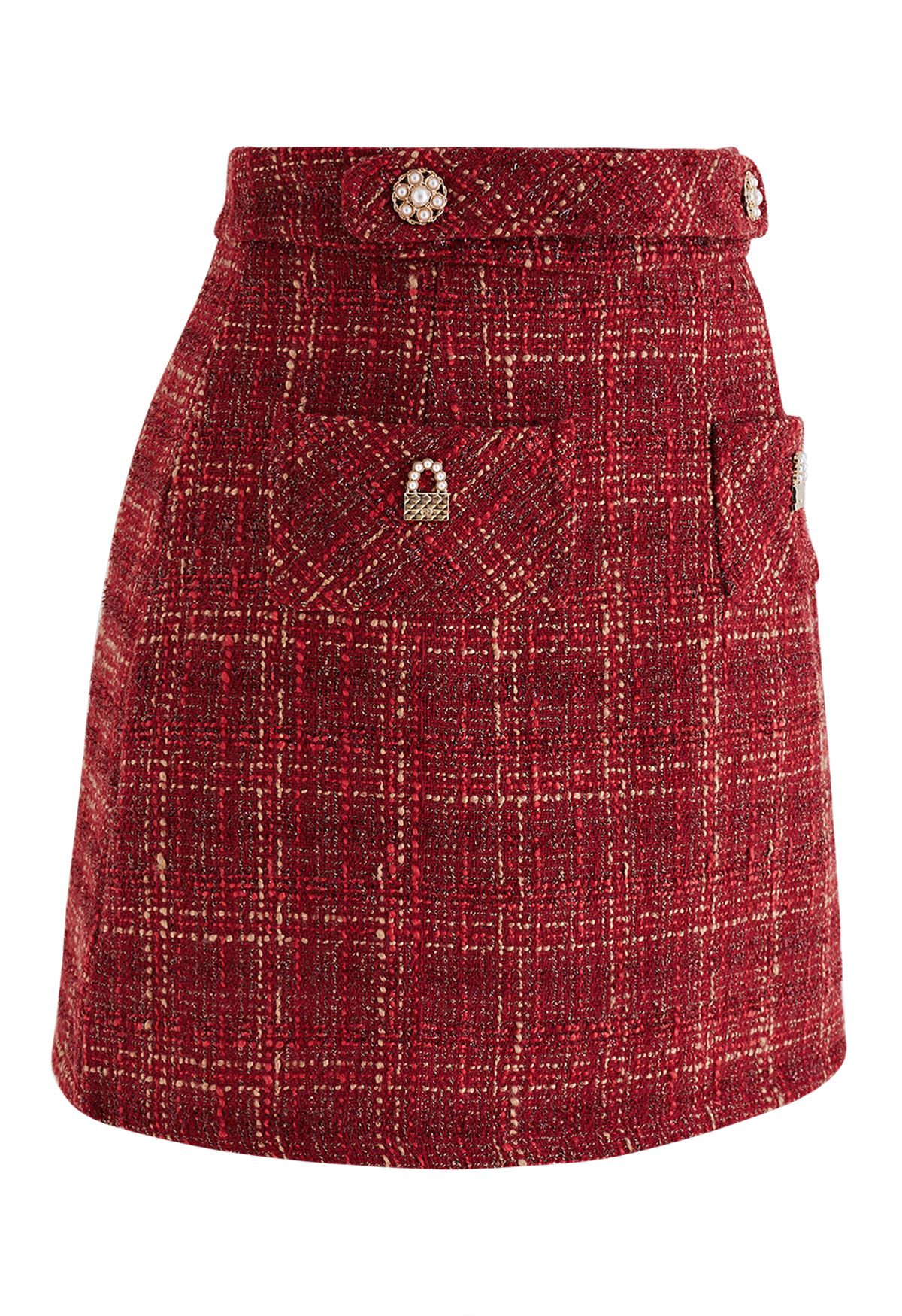 Metallic Thread Plaid Tweed Mini Skirt in Red