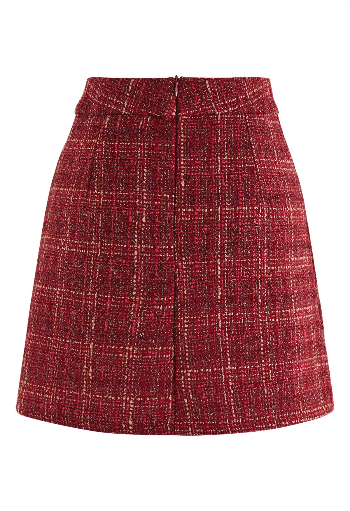 Metallic Thread Plaid Tweed Mini Skirt in Red