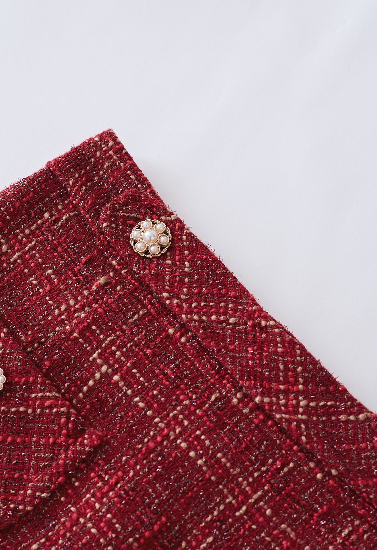 Metallic Thread Plaid Tweed Mini Skirt in Red