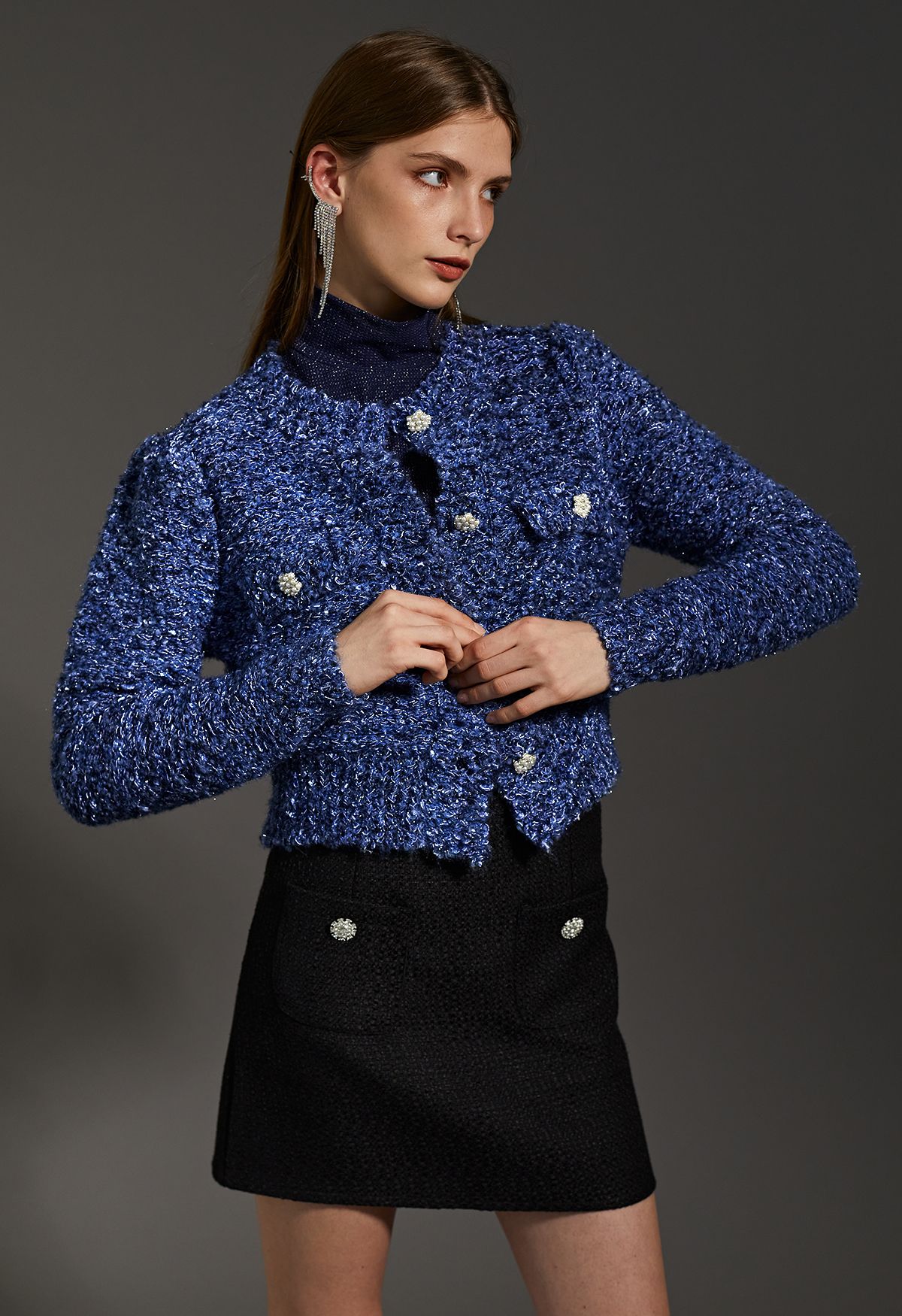 Pearly Button Shimmer Fuzzy Crop Cardigan in Blue