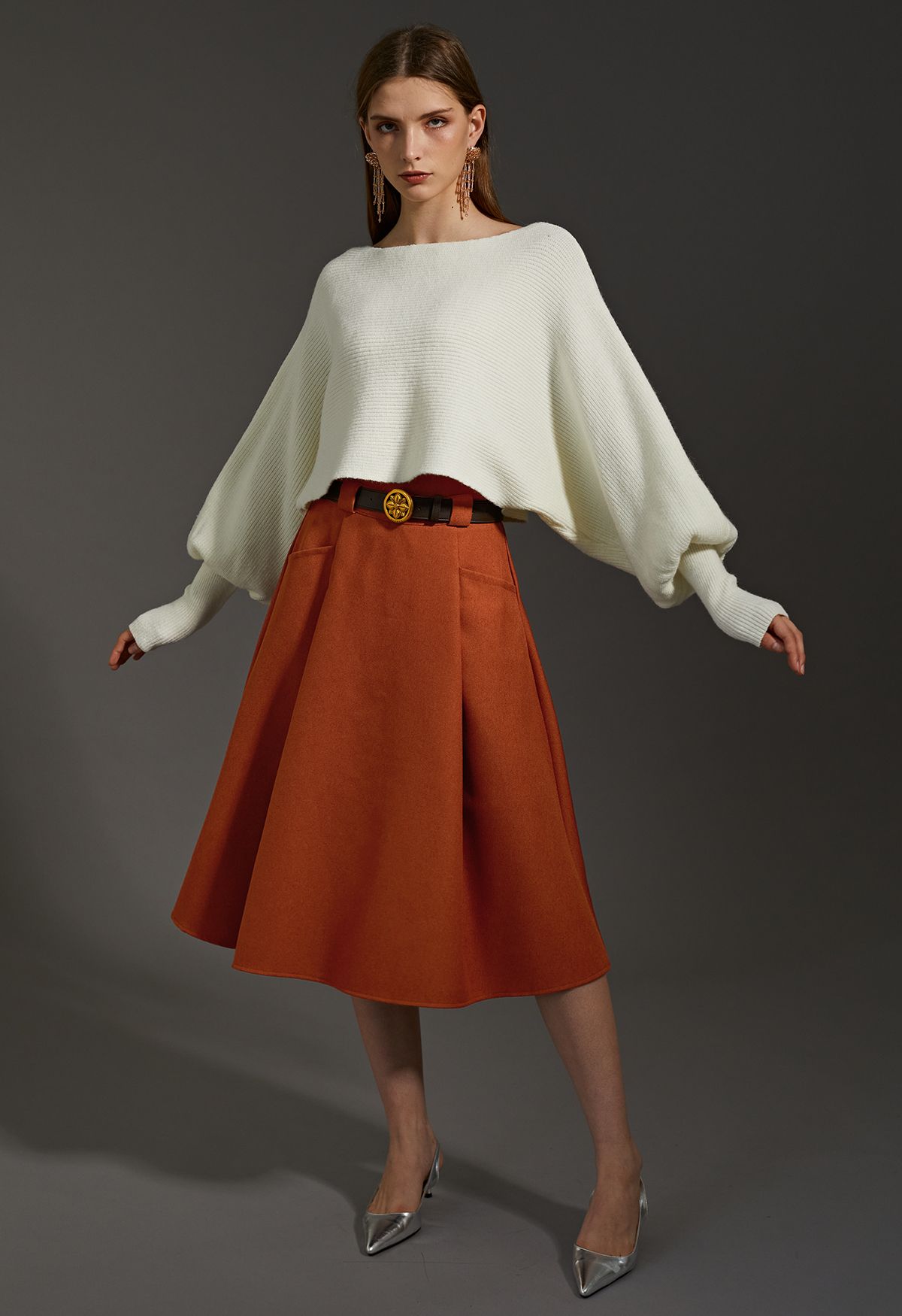 Belted Front Pocket Pleated Midi Skirt in Orange