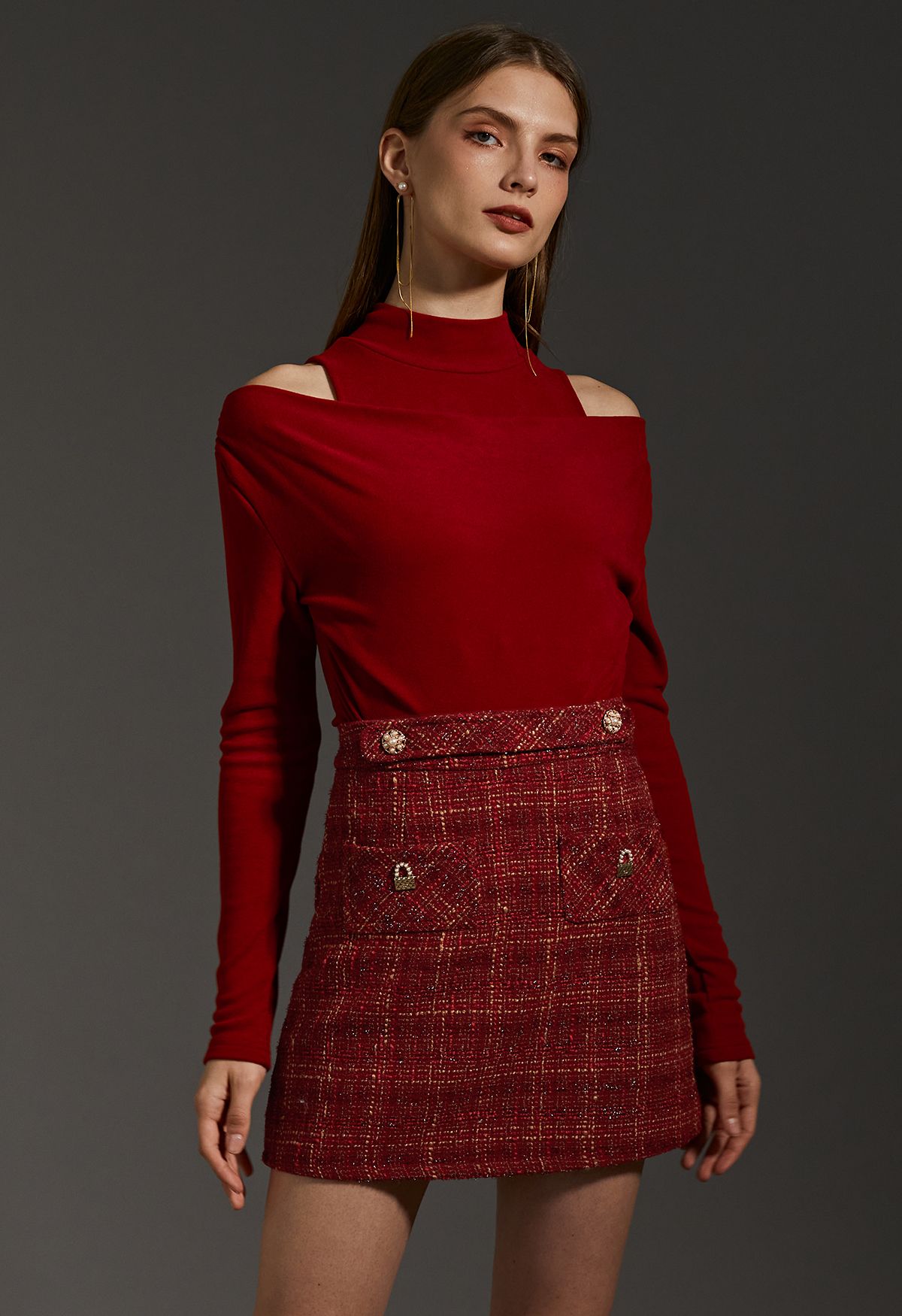 Metallic Thread Plaid Tweed Mini Skirt in Red