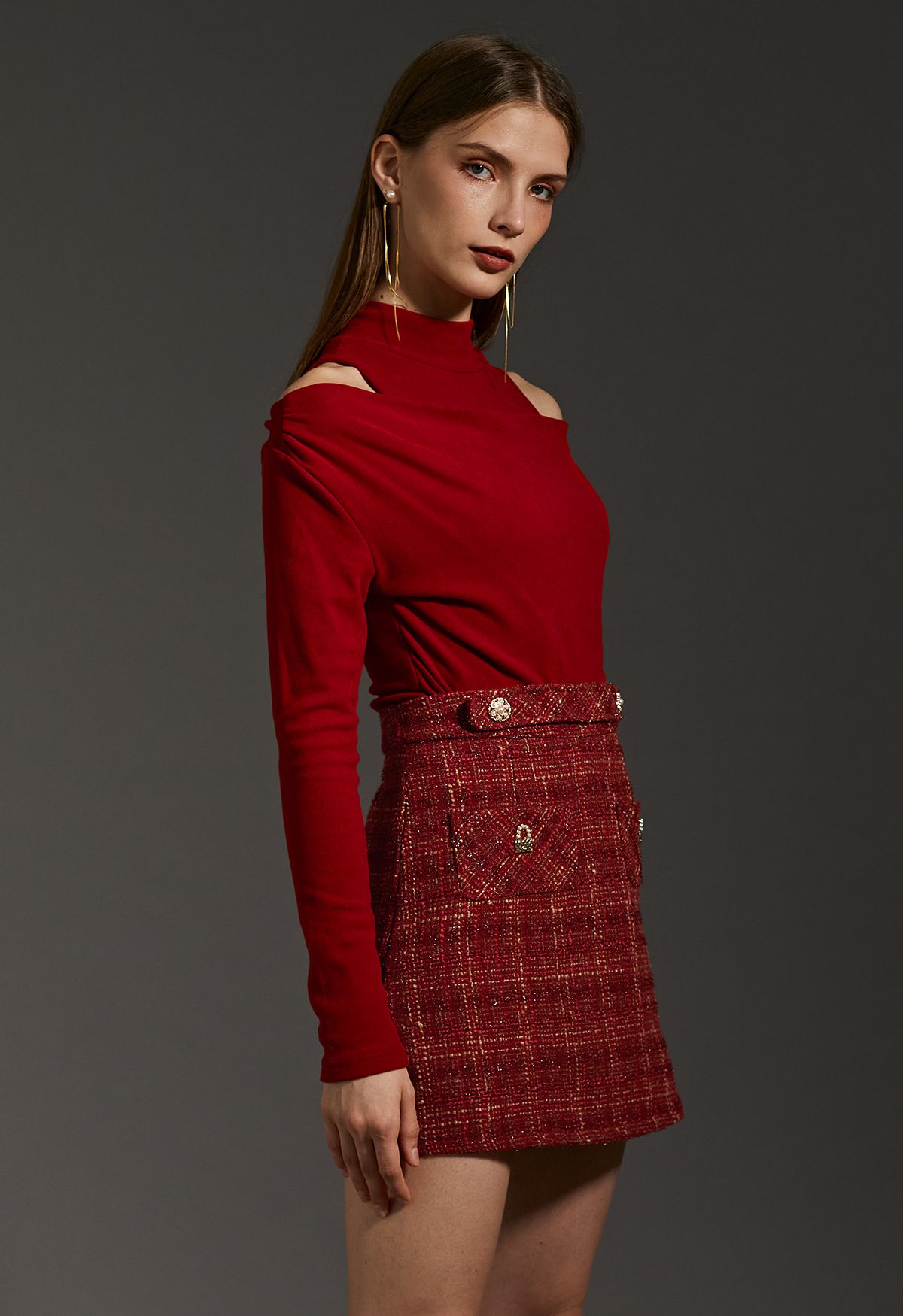 Metallic Thread Plaid Tweed Mini Skirt in Red