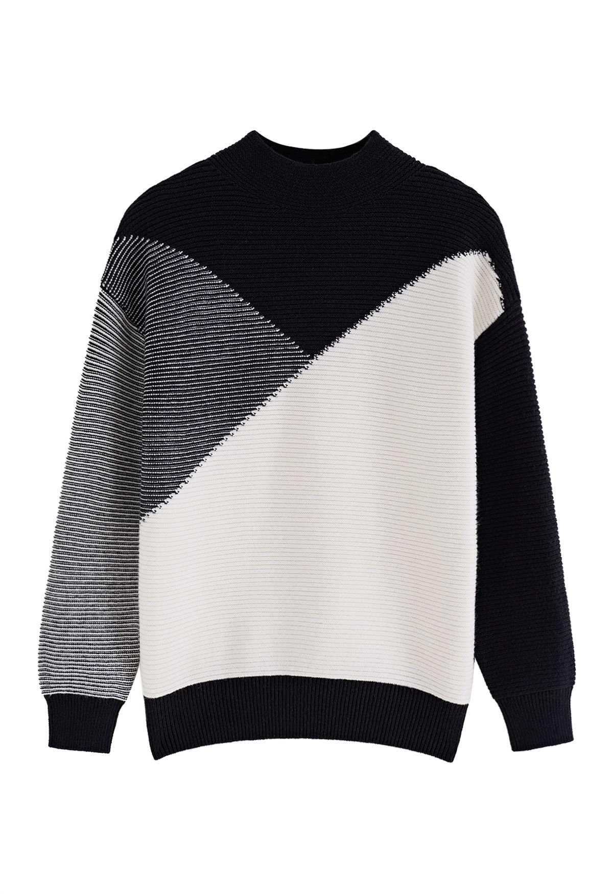Mock Neck Color Blocked Knit Sweater in Black