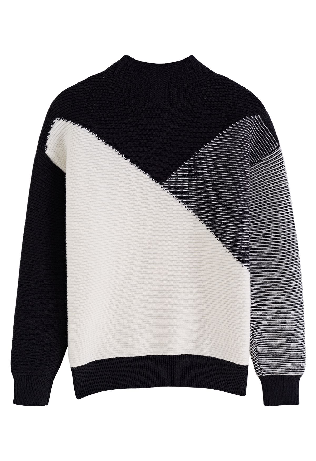 Mock Neck Color Blocked Knit Sweater in Black