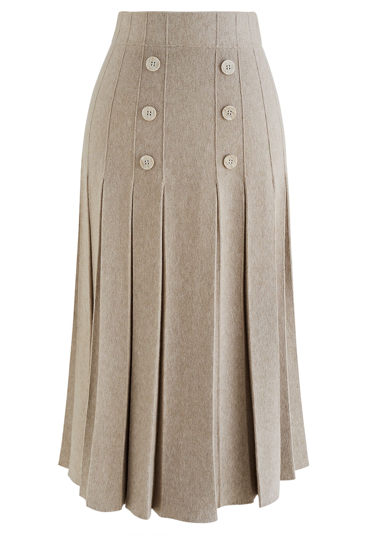 Buttoned Pleated Knit Midi Skirt in Taupe