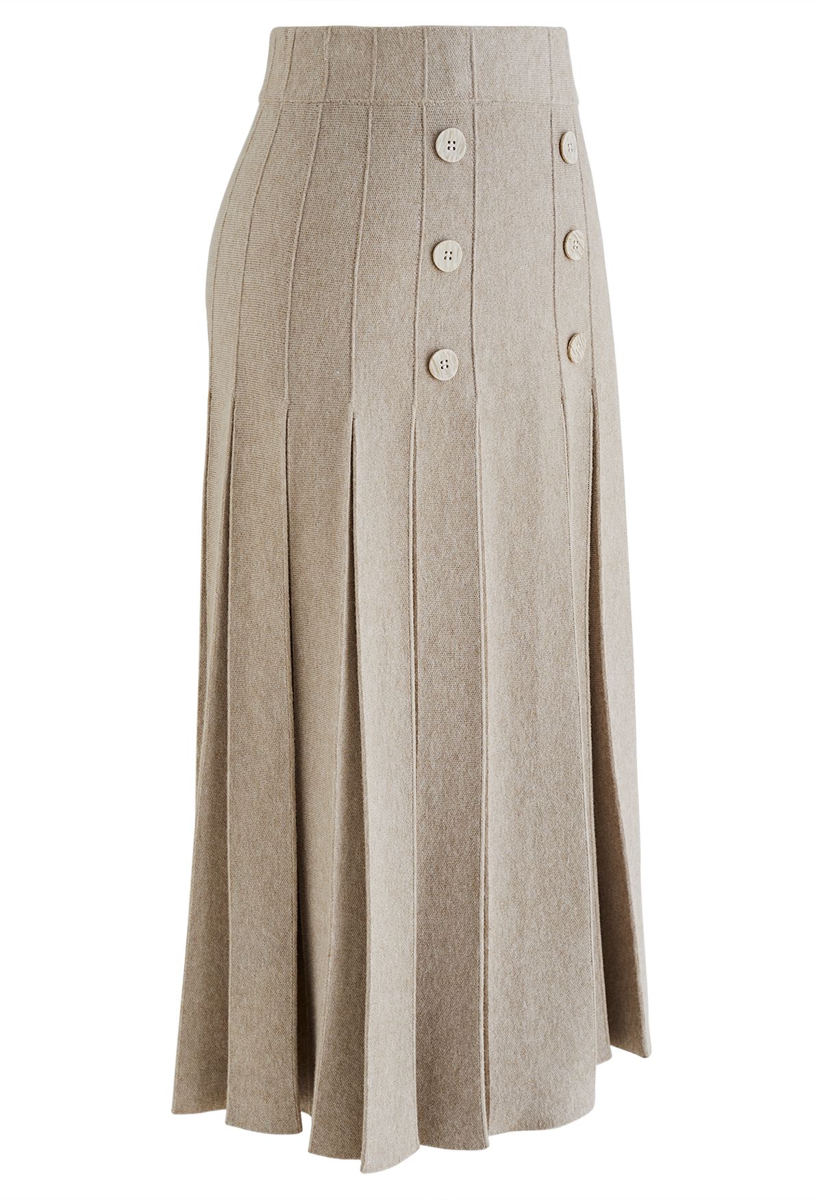 Buttoned Pleated Knit Midi Skirt in Taupe