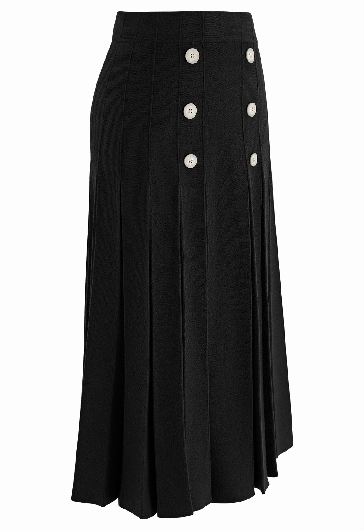 Buttoned Pleated Knit Midi Skirt in Black