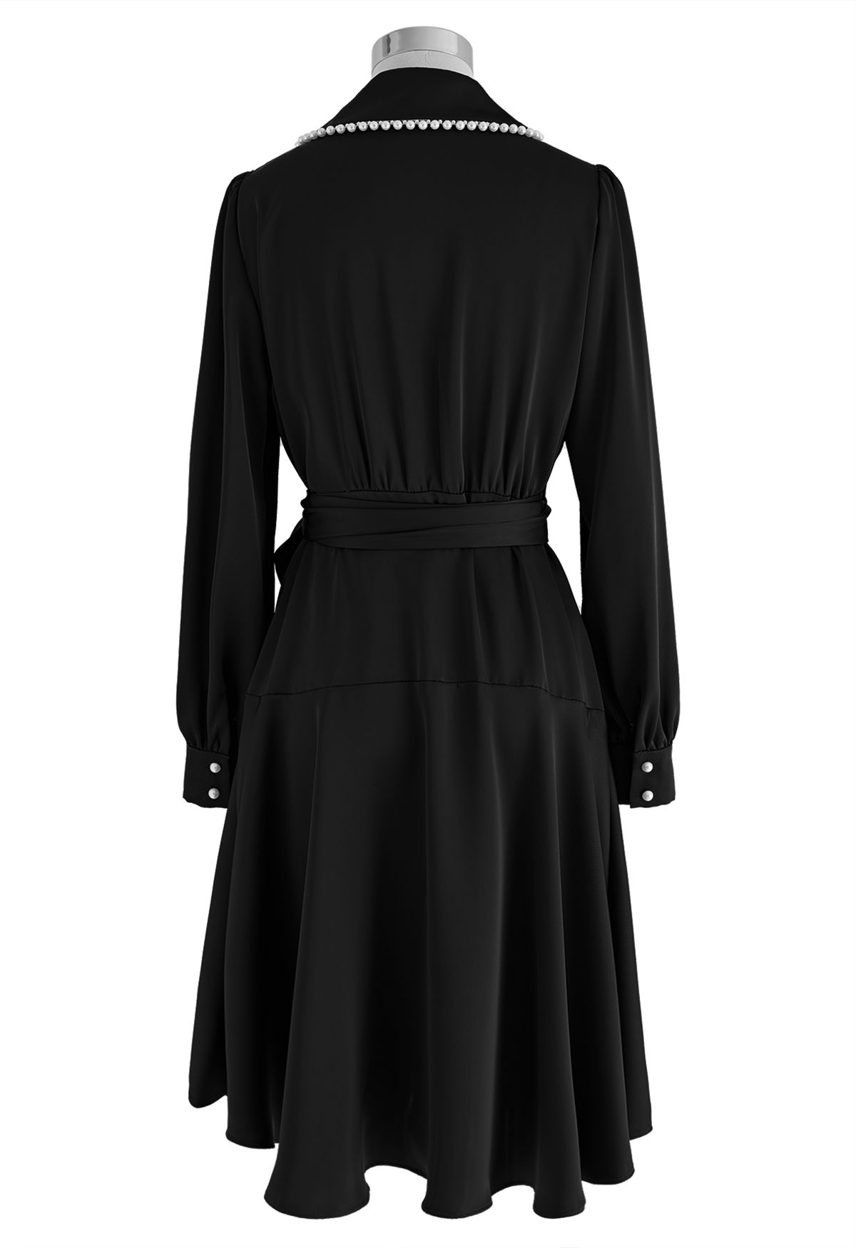 Pearl Trim Wrapped Satin Midi Dress in Black